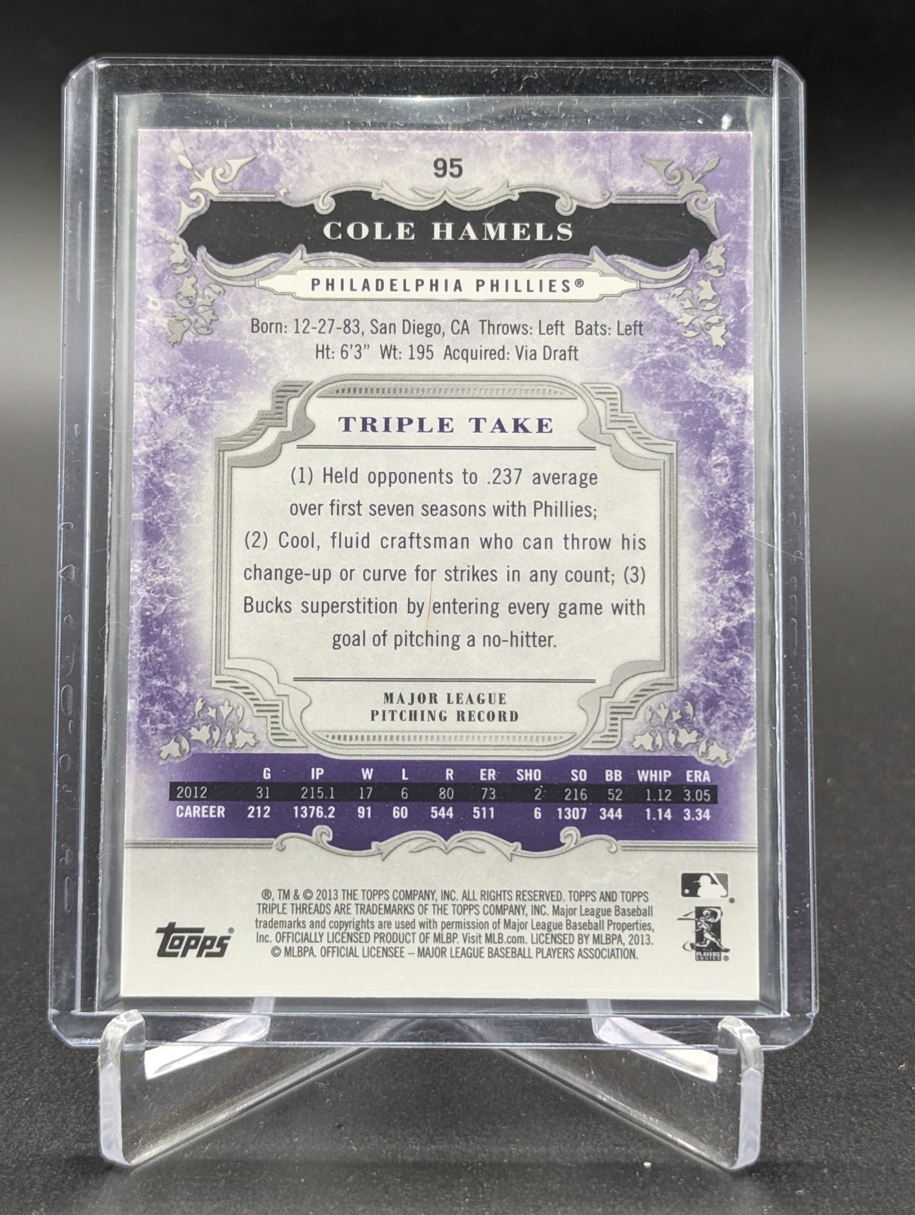 2013 Topps Triple Threads Amethyst #95 Cole Hamels #/650 Phillies