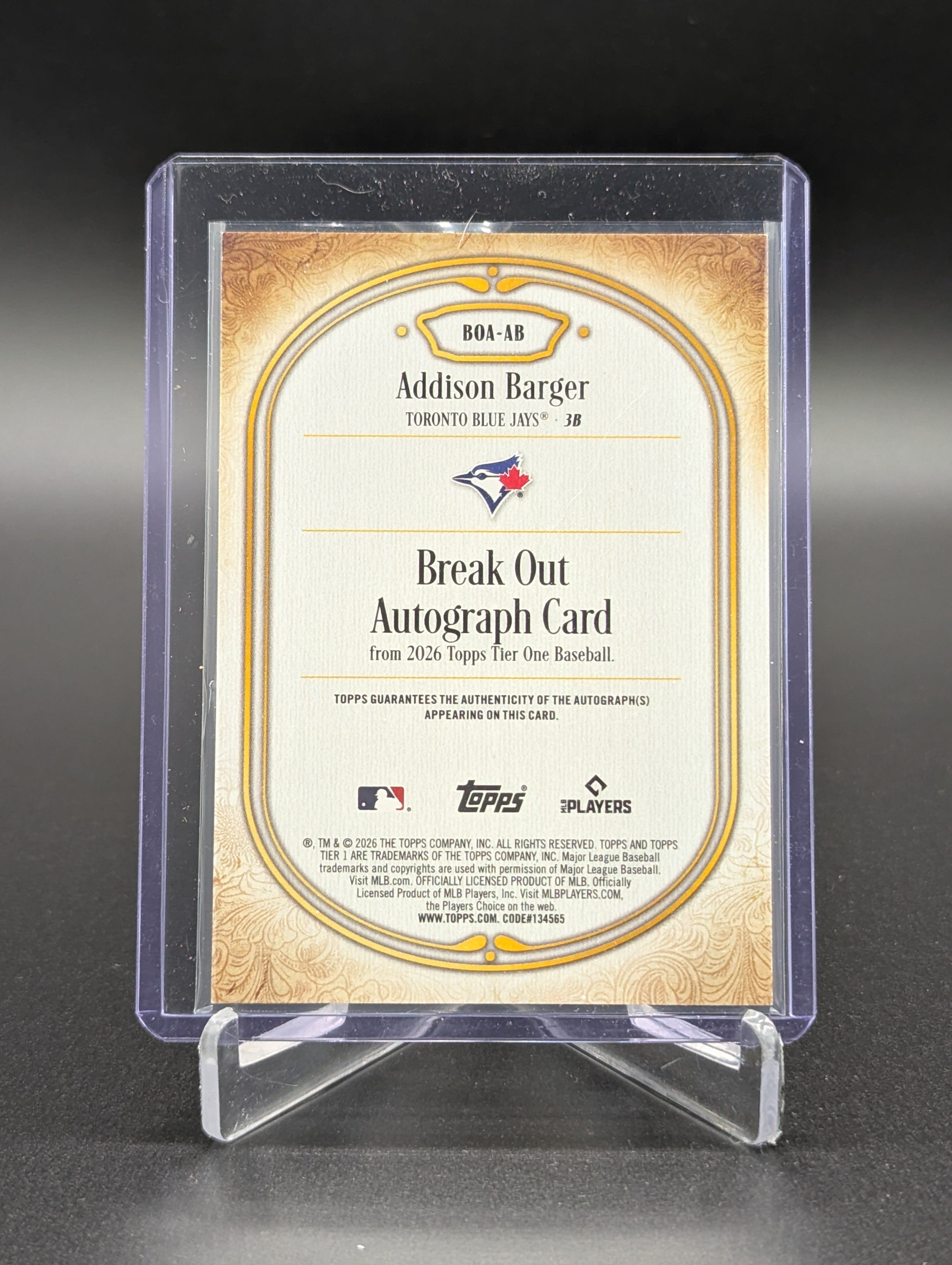 2026 Topps Tier One Break Out Autograph /299 #BOA-AB Addison Barger