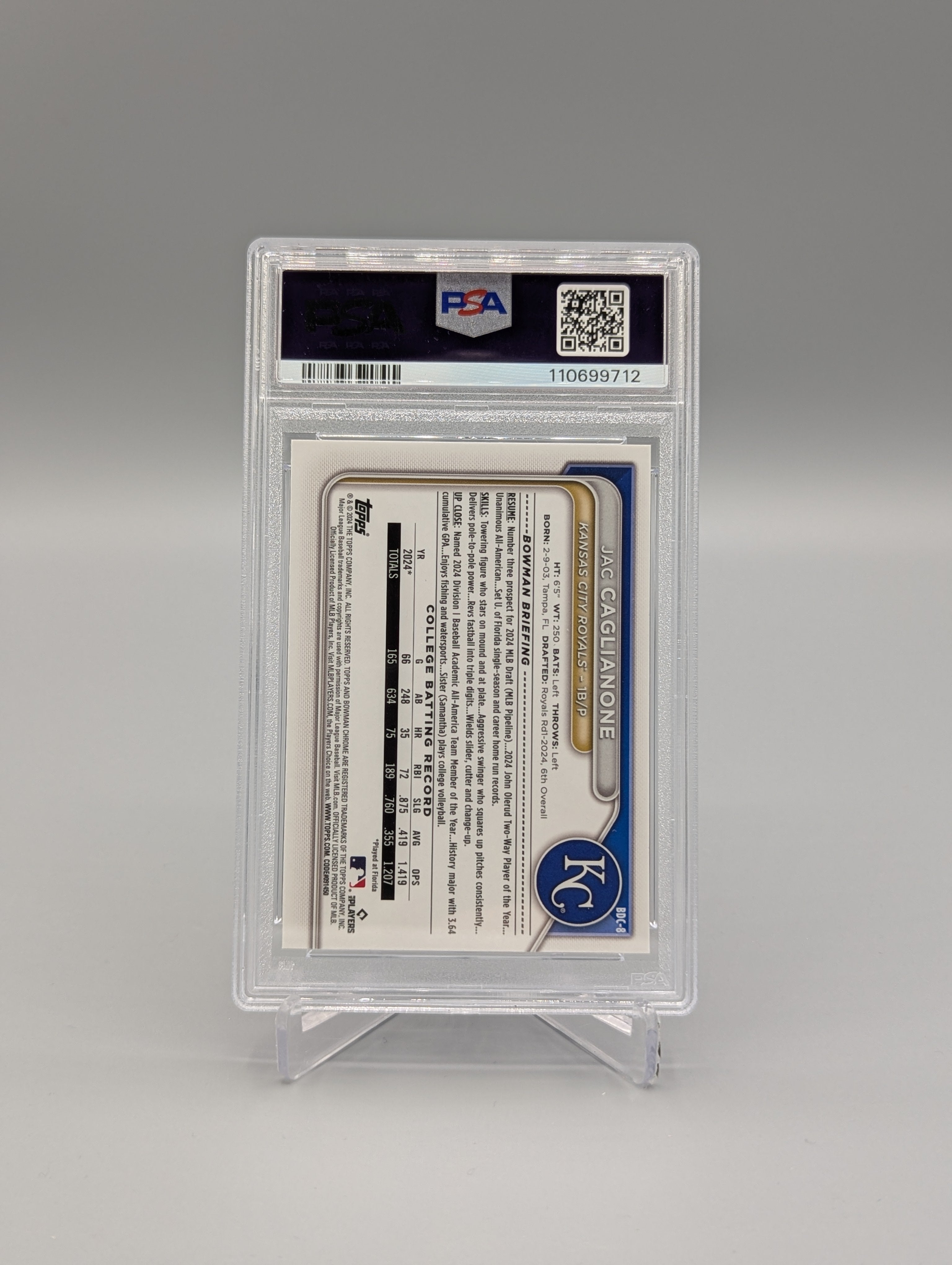 2024 Bowman Chrome Sapphire #BDC8 Jac Caglianone PSA 10 Royals