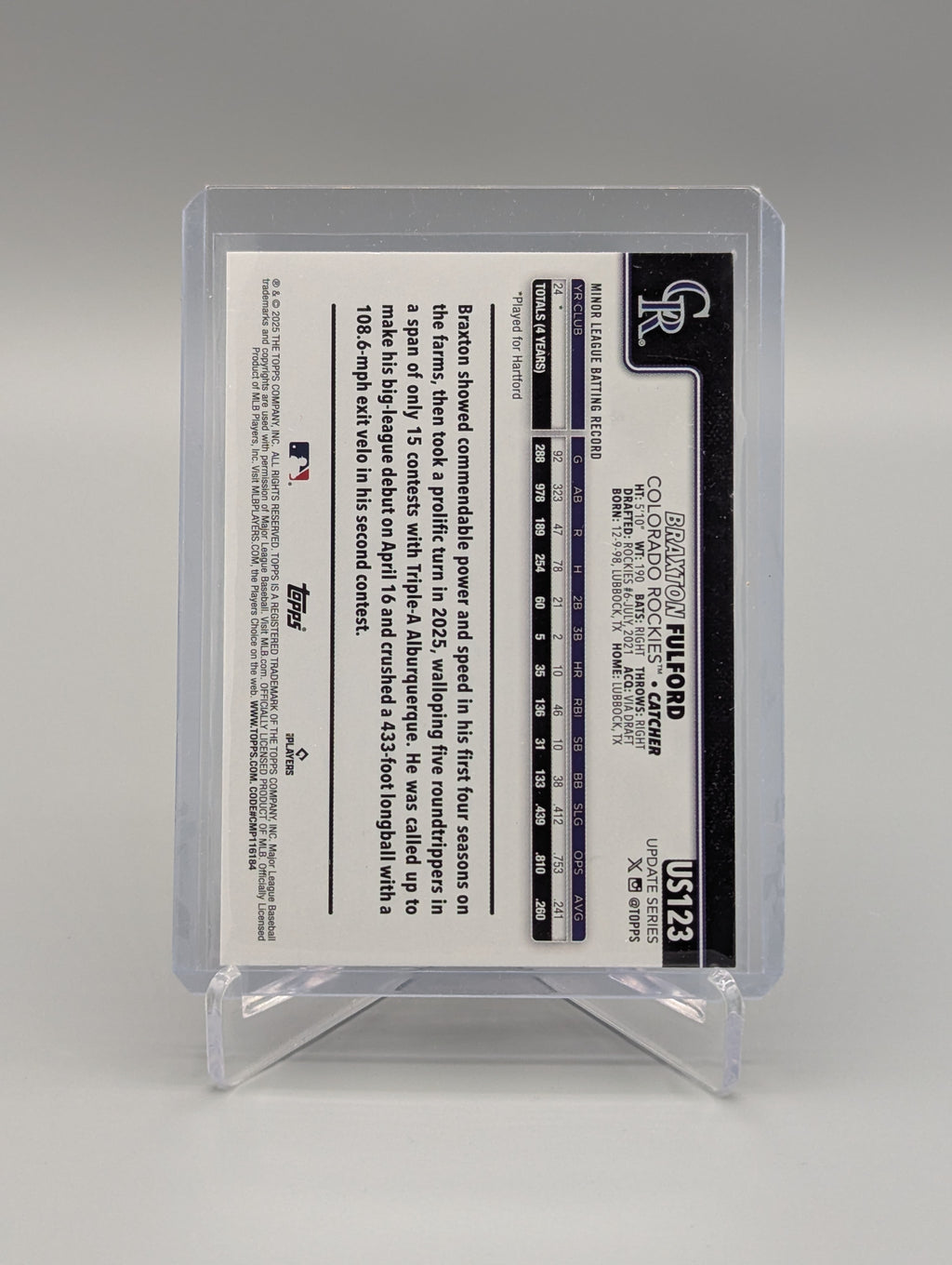 2025 Topps Update Diamante Foil #US123 Braxton Fulford RC Rockies