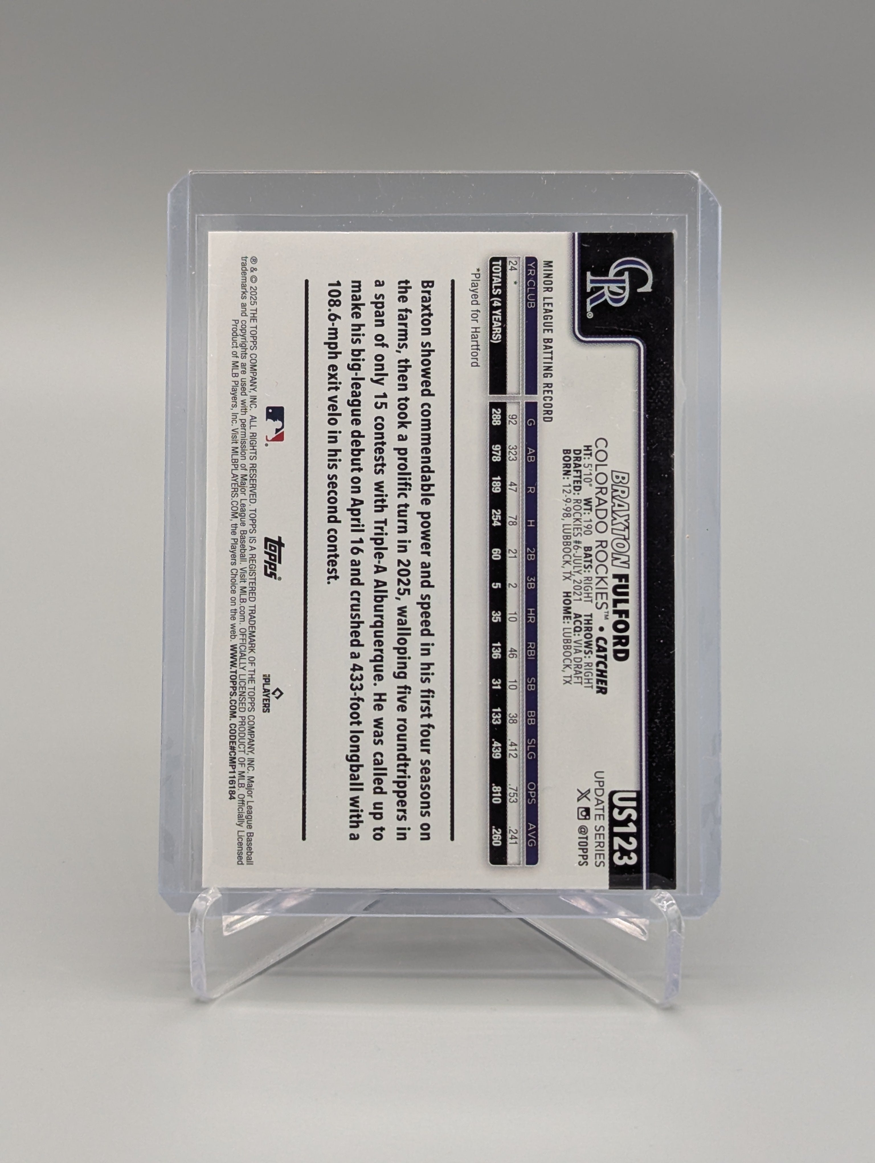 2025 Topps Update Diamante Foil #US123 Braxton Fulford RC Rockies