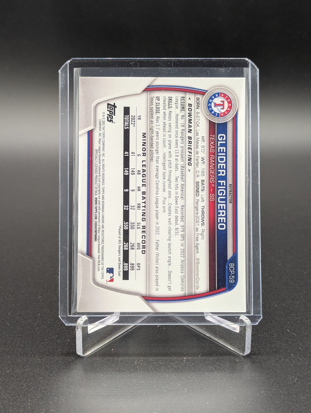 2023 Bowman Chrome Refractor #BCP-59 Gleider Figuereo #/499 Rangers