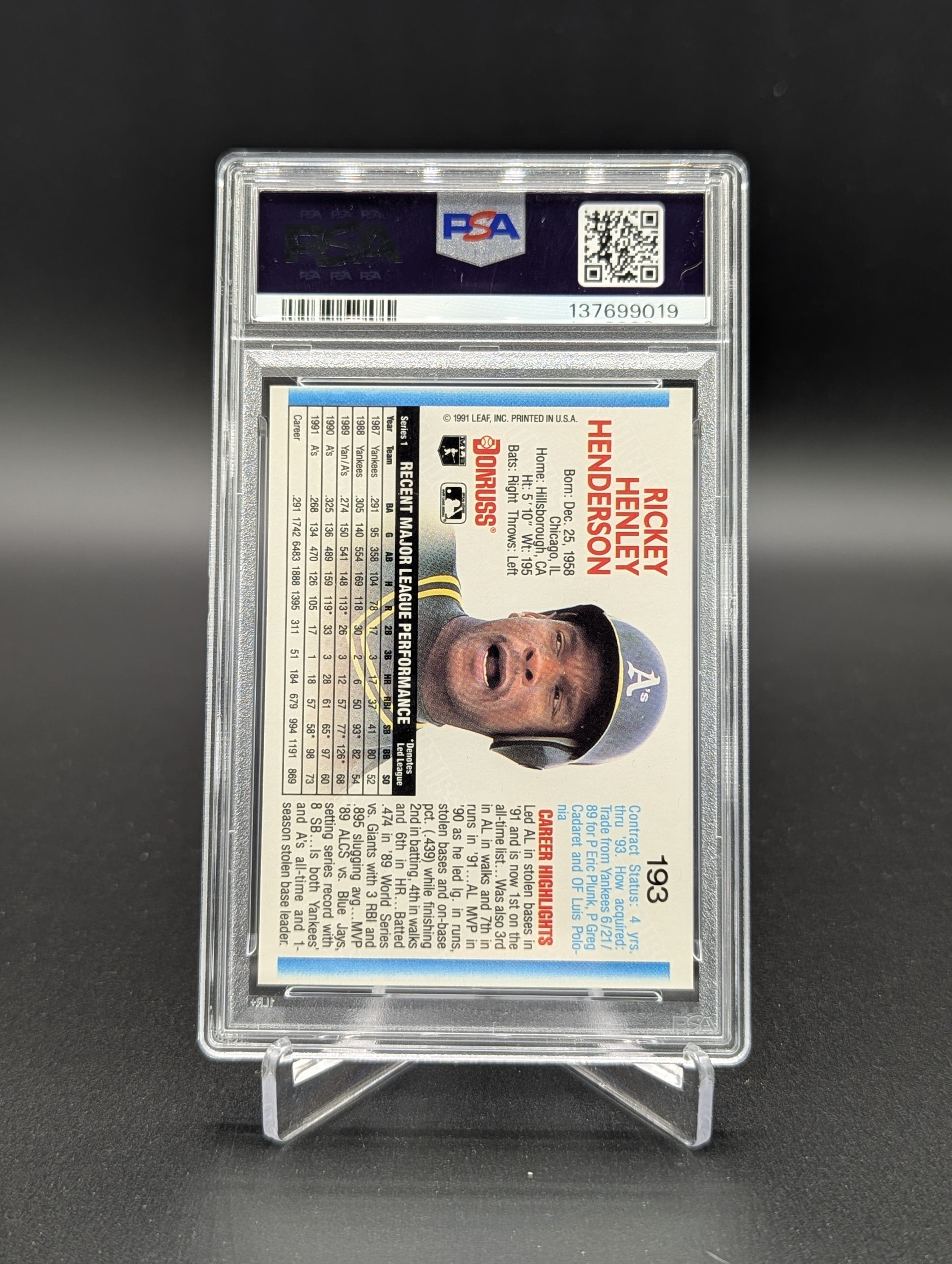 1992 Donruss #193 Rickey Henderson Athletics PSA10