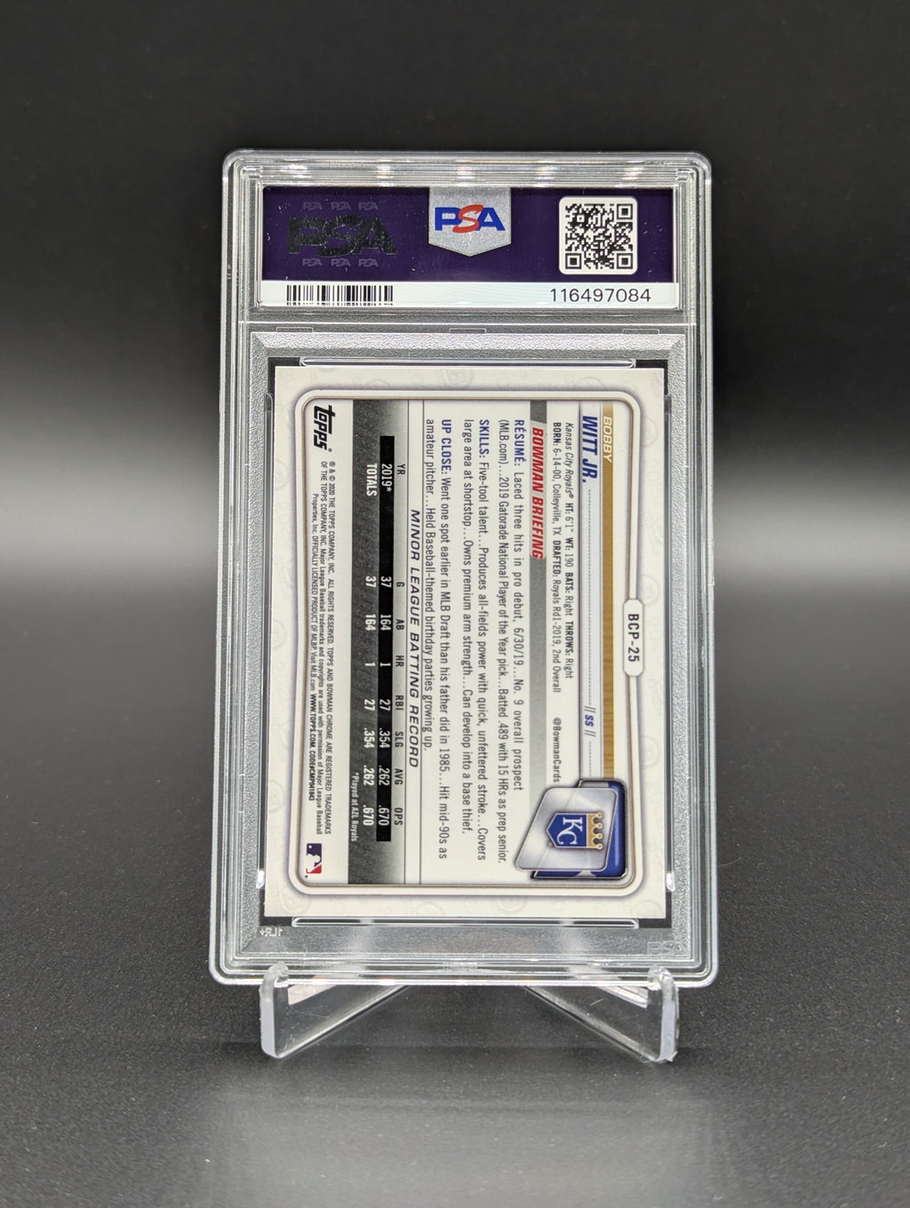 2020 Bowman Chrome Sapphire #BCP25 Bobby Witt Jr PSA 10 Royals