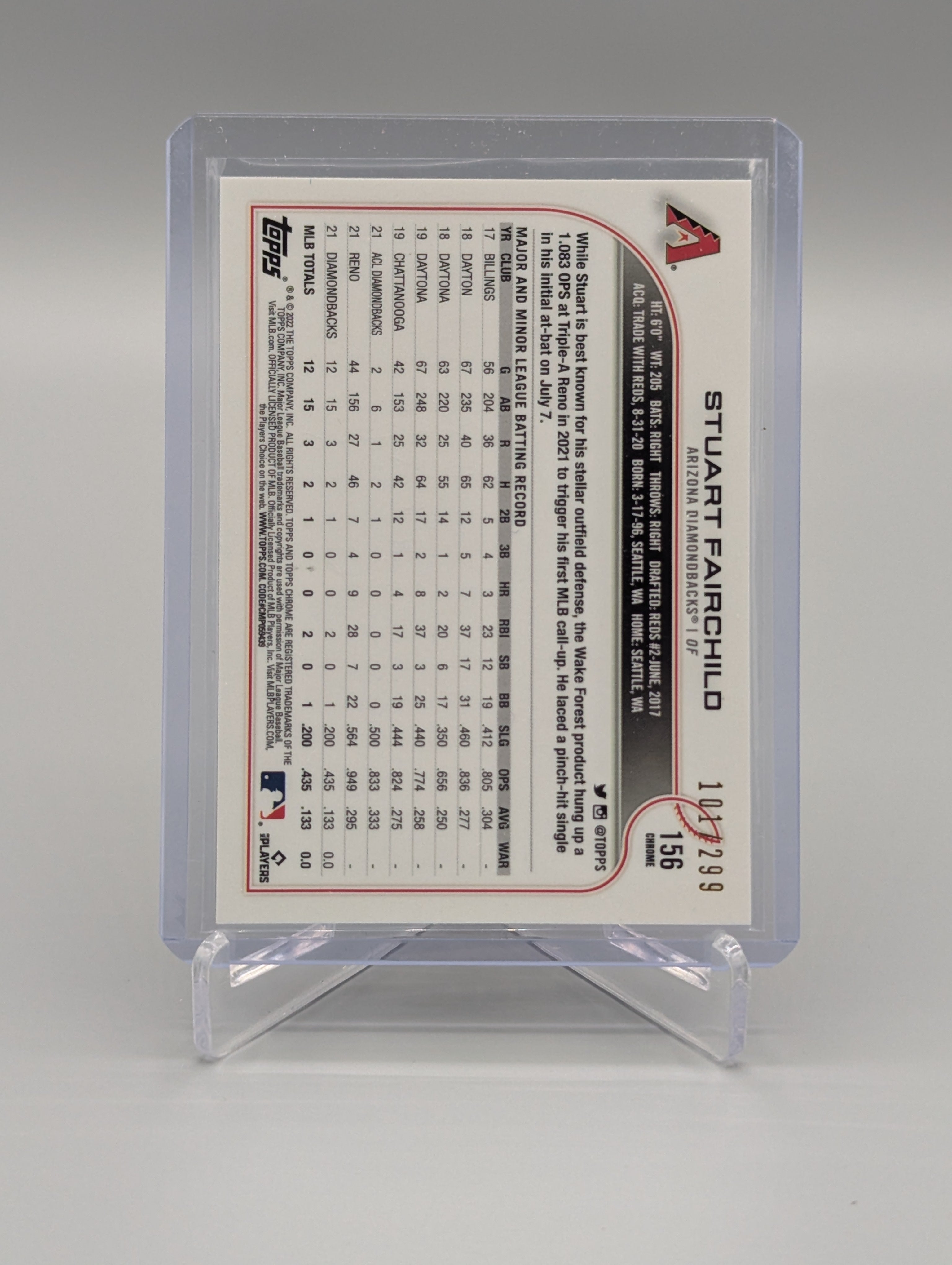 2022 Topps Chrome Sonic Purple Yellow #156 Stuart Fairchild RC #/299 D Backs