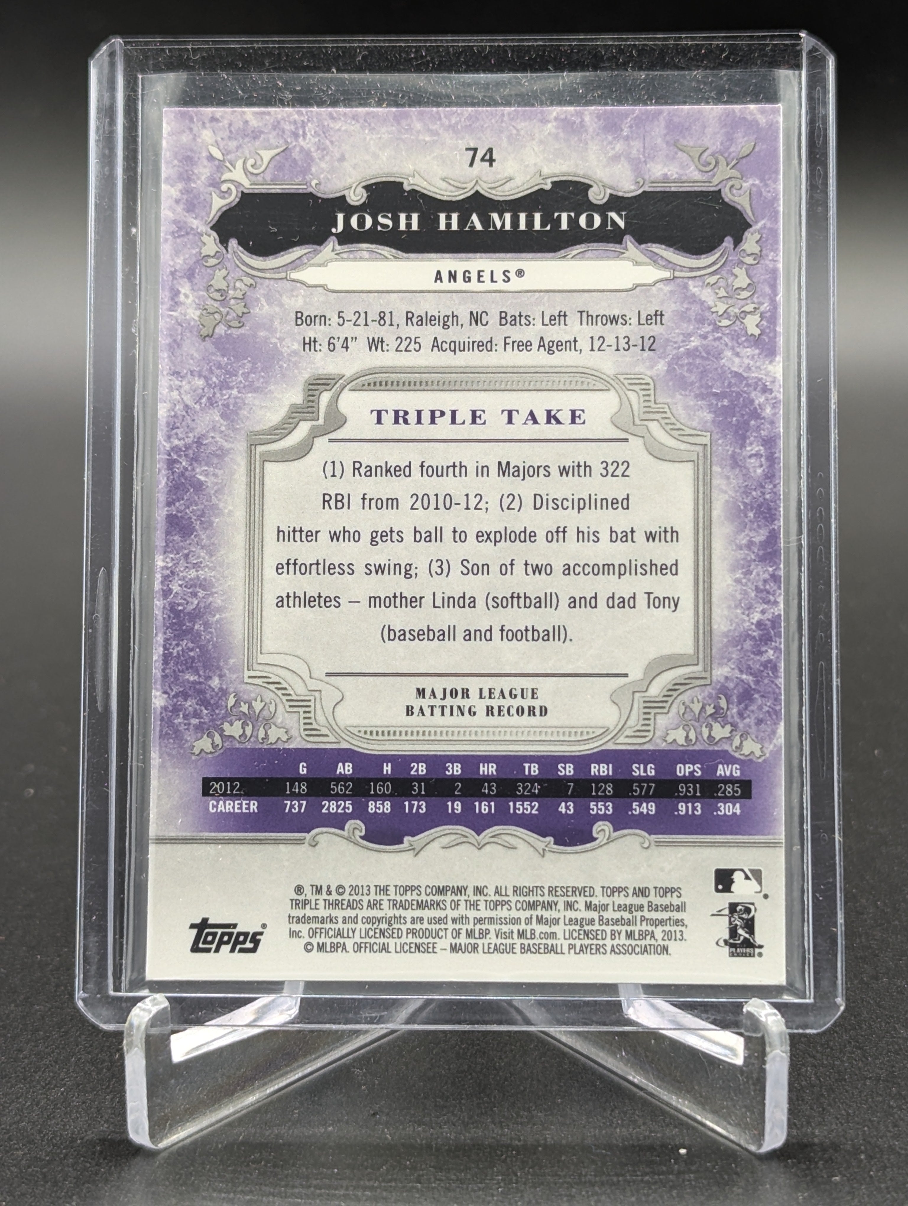 2013 Topps Triple Threads Amethyst #74 Josh Hamilton #/650 Angels