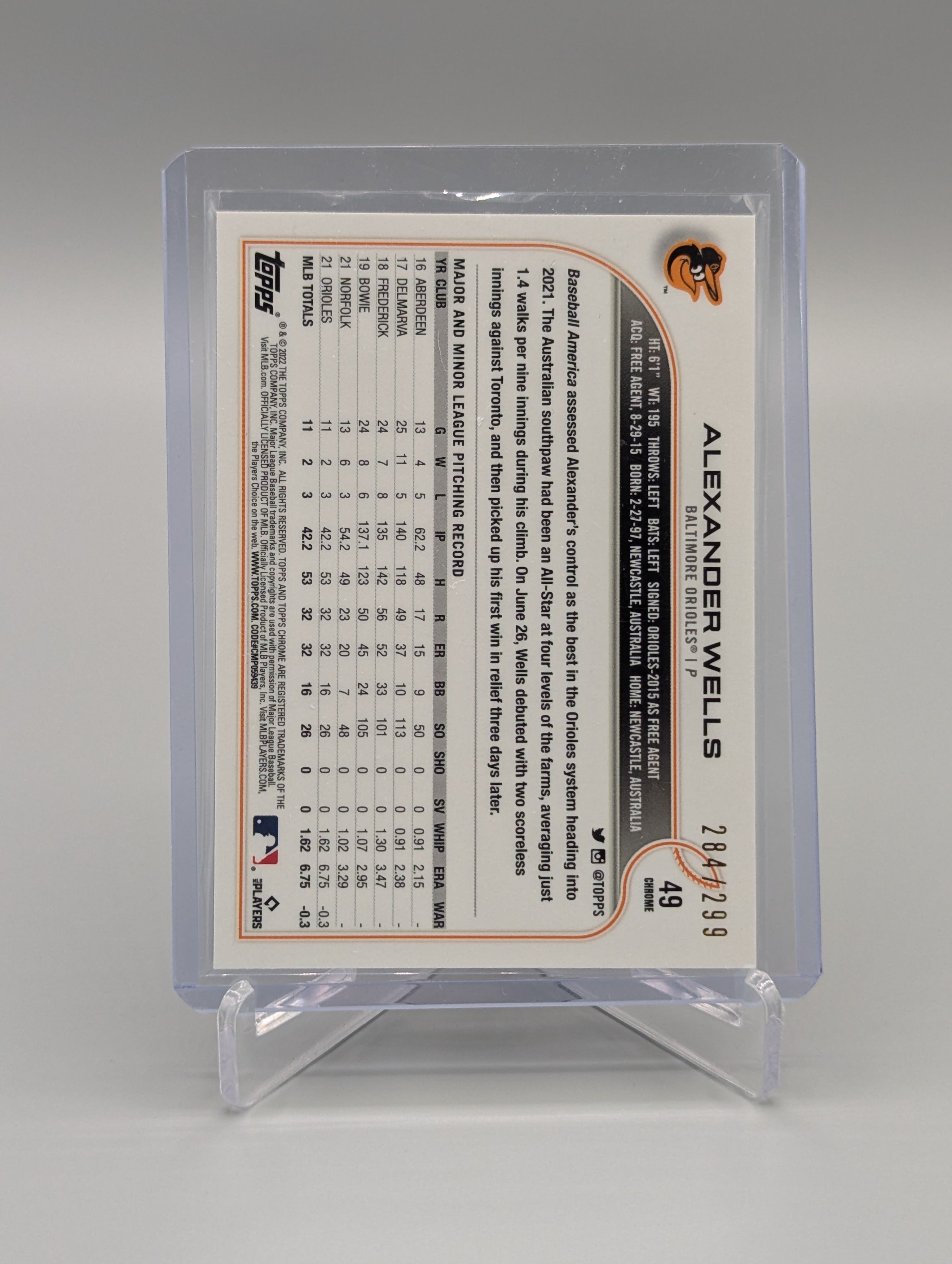 2022 Topps Chrome Sonic Purple Yellow #49 Alexander Wells RC #/299 Orioles