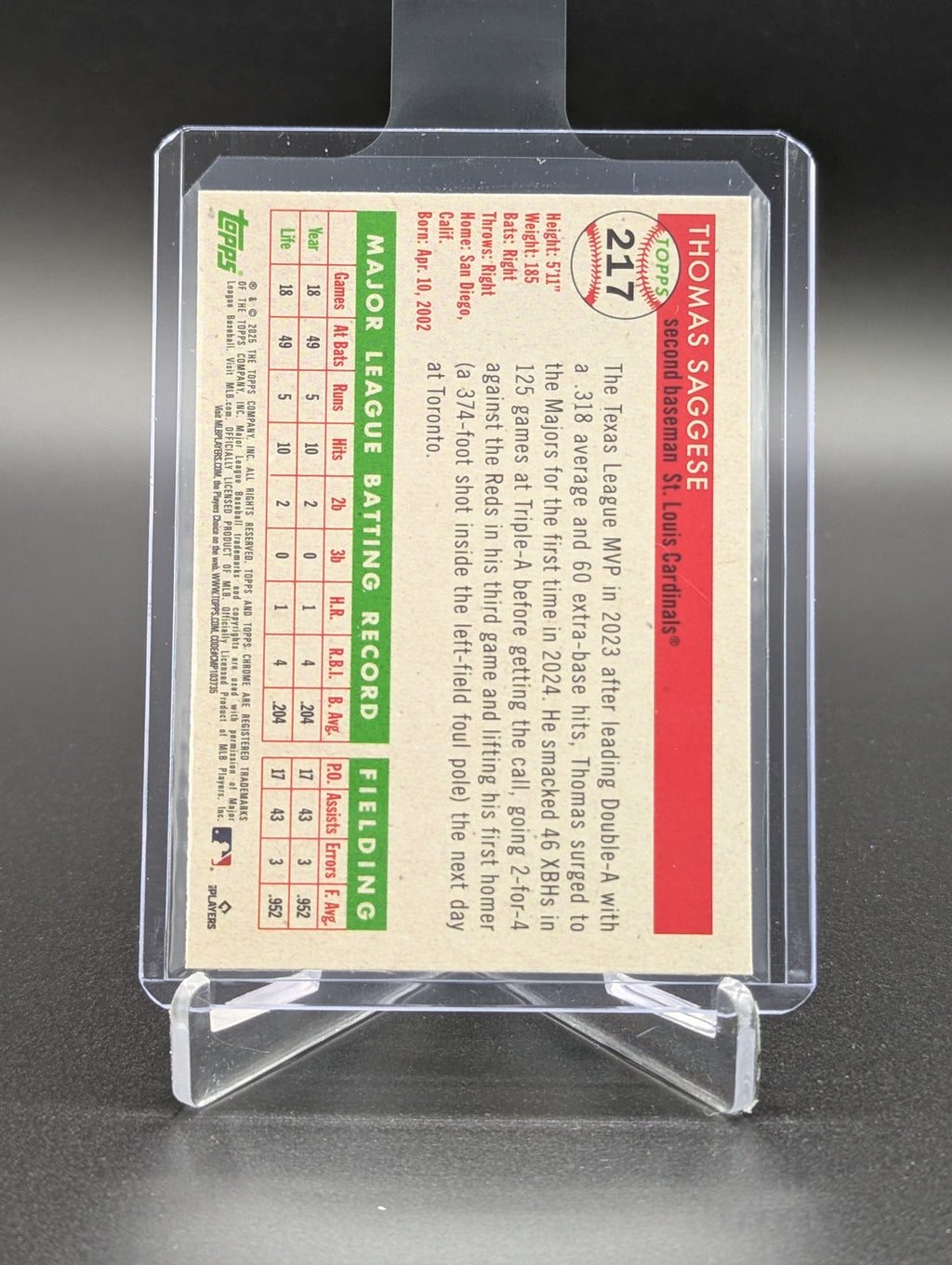 2025 Topps Chrome Platinum Green Vibration /99 #217 Thomas Saggese RC