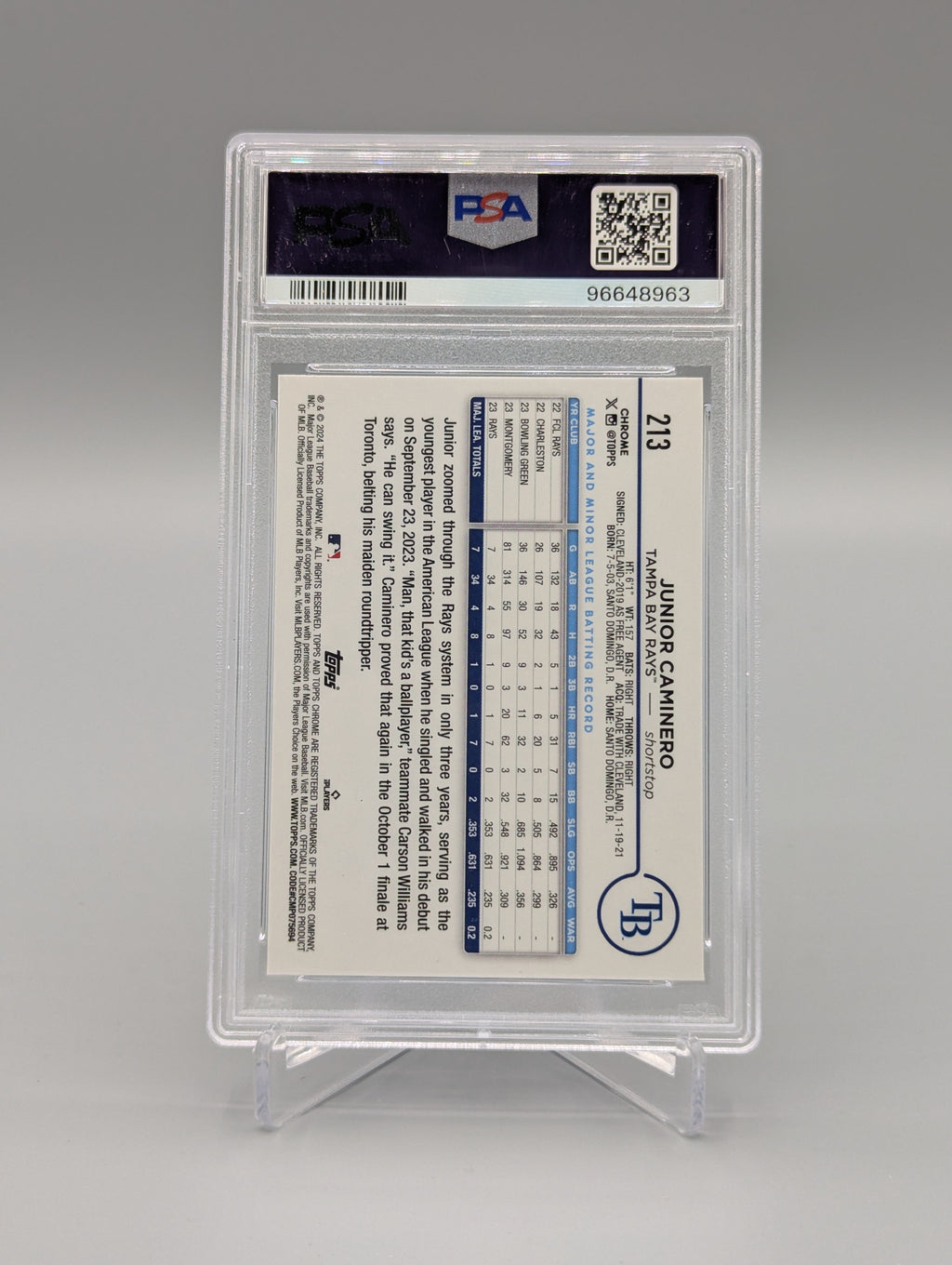 2024 Topps Chrome Negative Refractor #213 Junior Caminero RC RC PSA 10 Rays