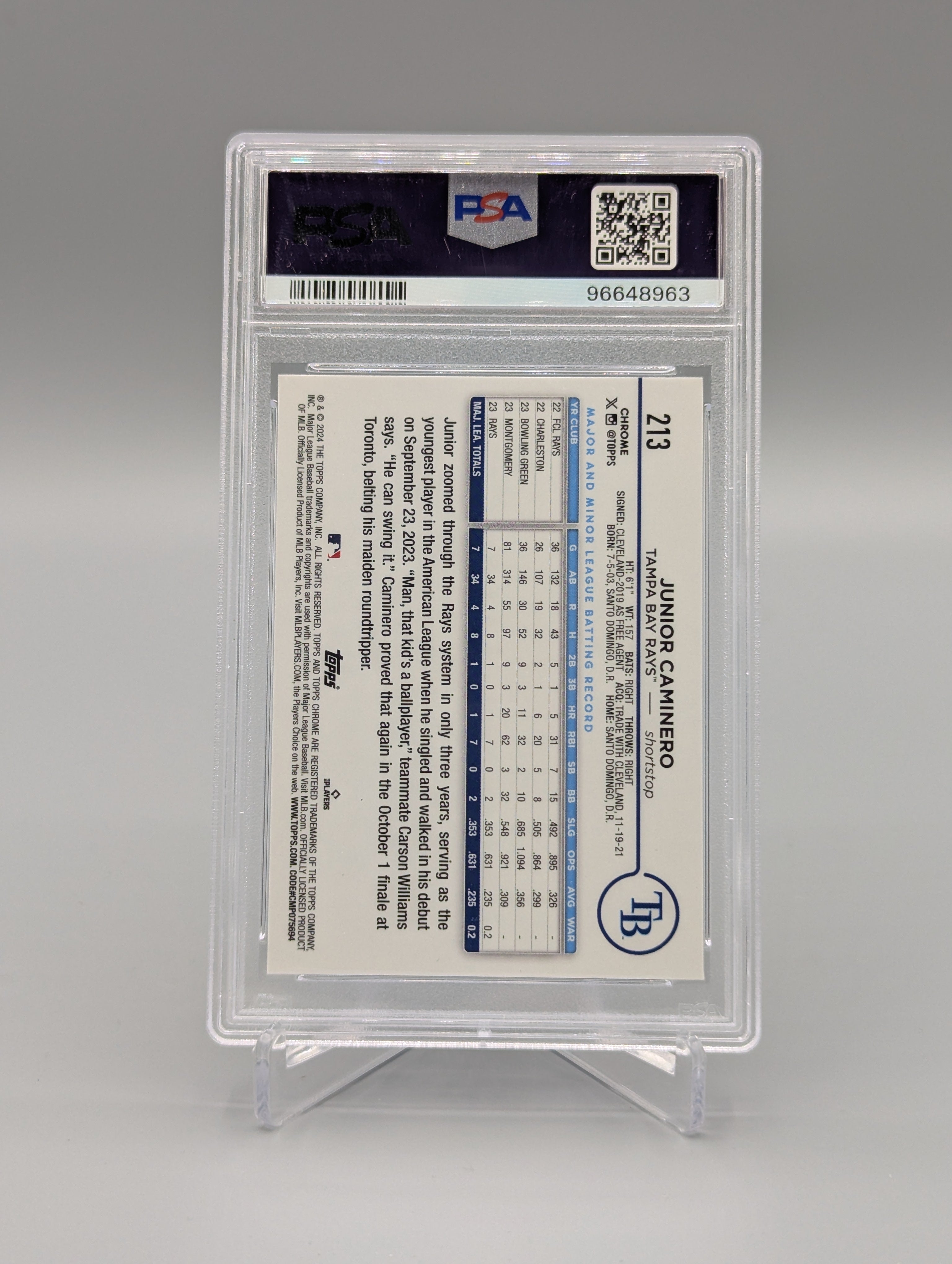 2024 Topps Chrome Negative Refractor #213 Junior Caminero RC RC PSA 10 Rays