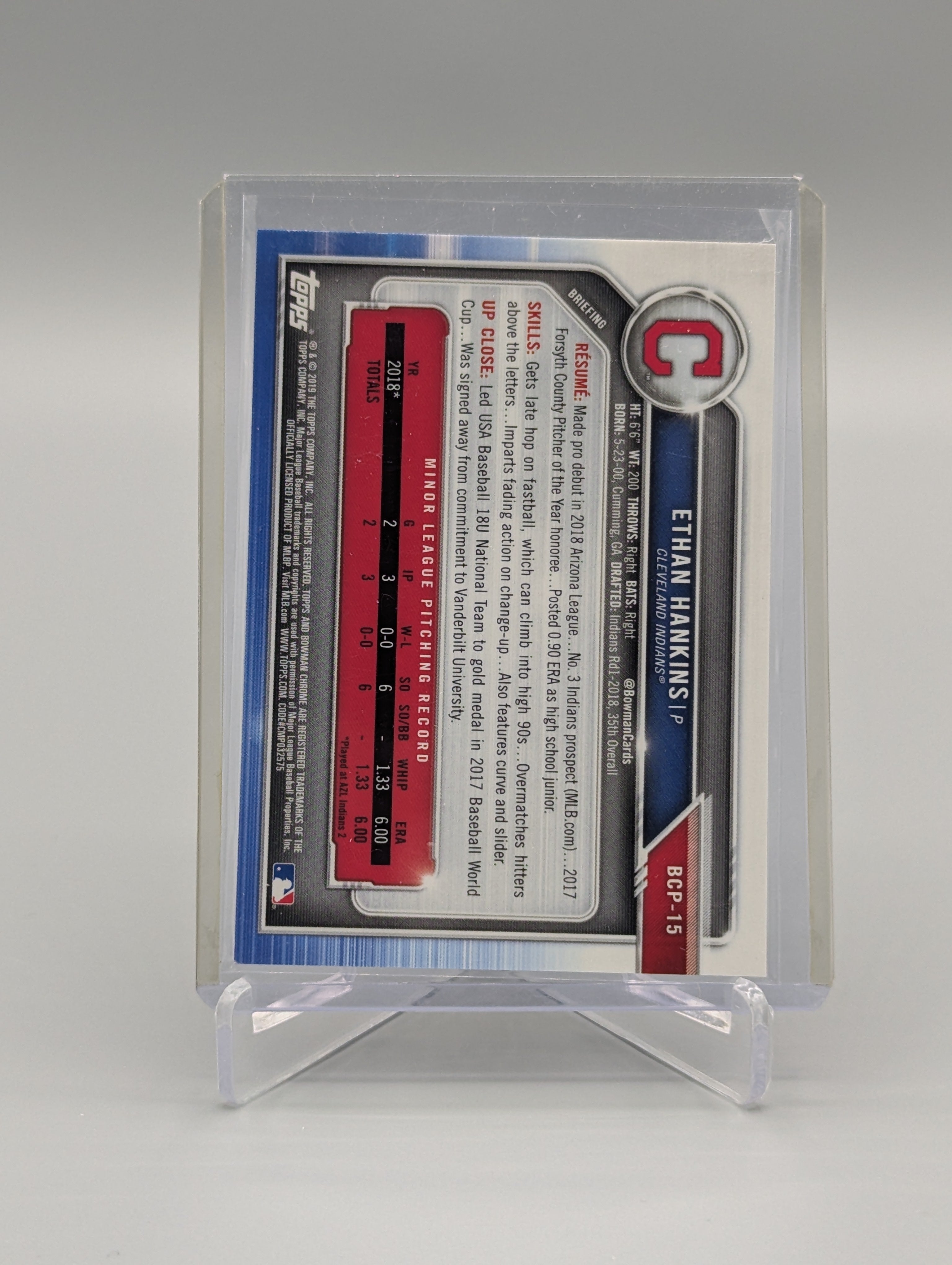 2019 Bowman Chrome Purple Refractor #BCP-15 Ethan Hankins #/250 Indians