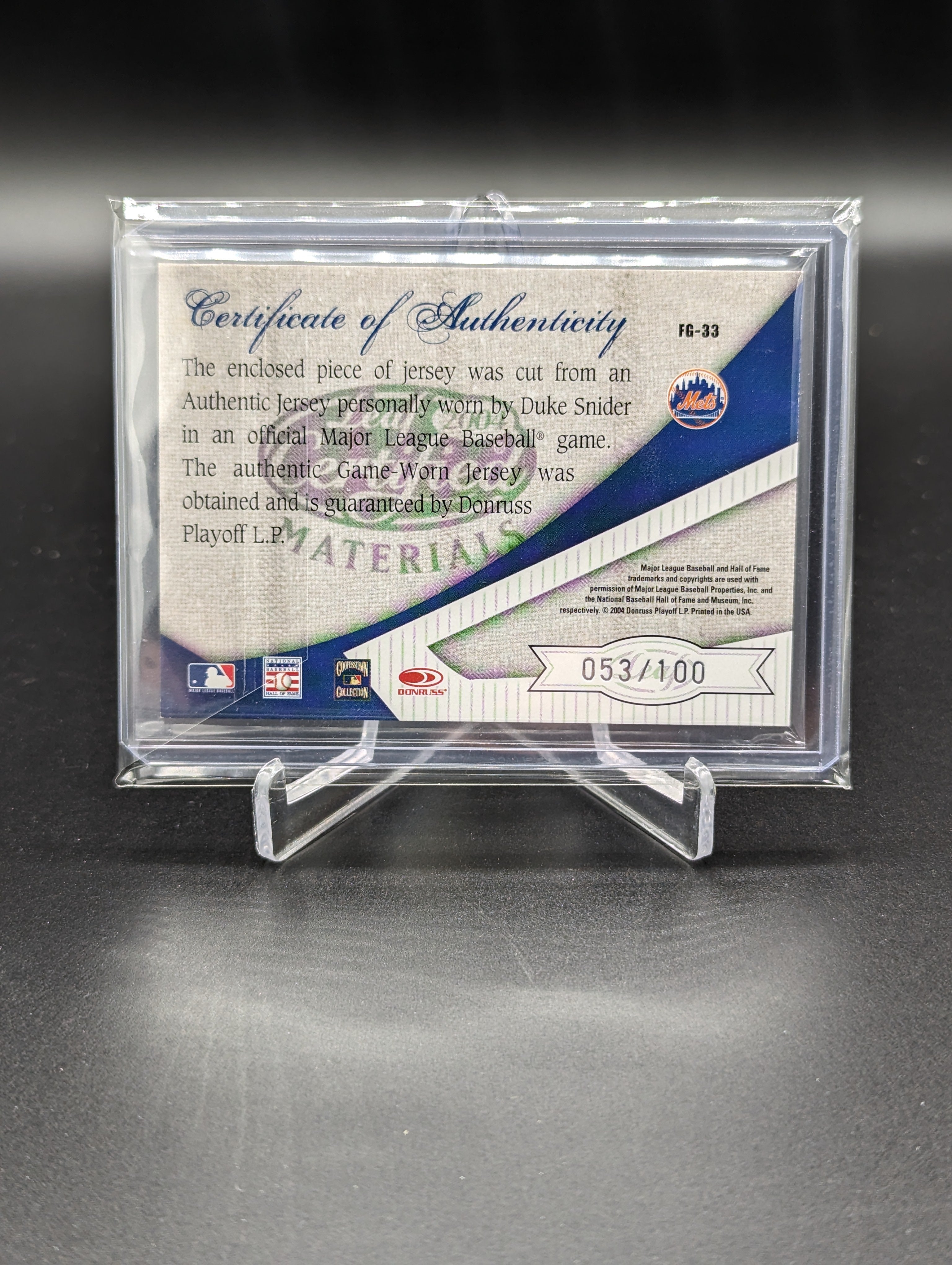2004 Leaf Certified Fabric Of The Game #FG-33 Duke Snider #/100 Mets Dodgers