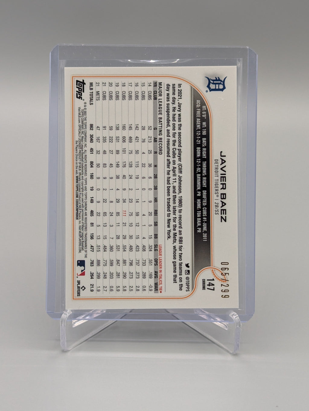 2022 Topps Chrome Sonic Purple Yellow #147 Javier Baez #/299 Tigers