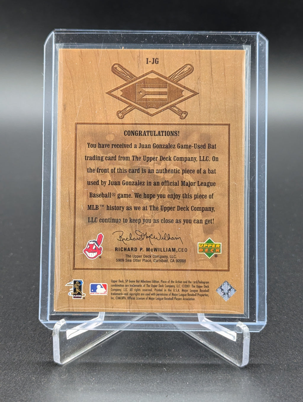 2001 Upper Deck SP Game Bat Milestone #M-JG Juan Gonzalez Indians