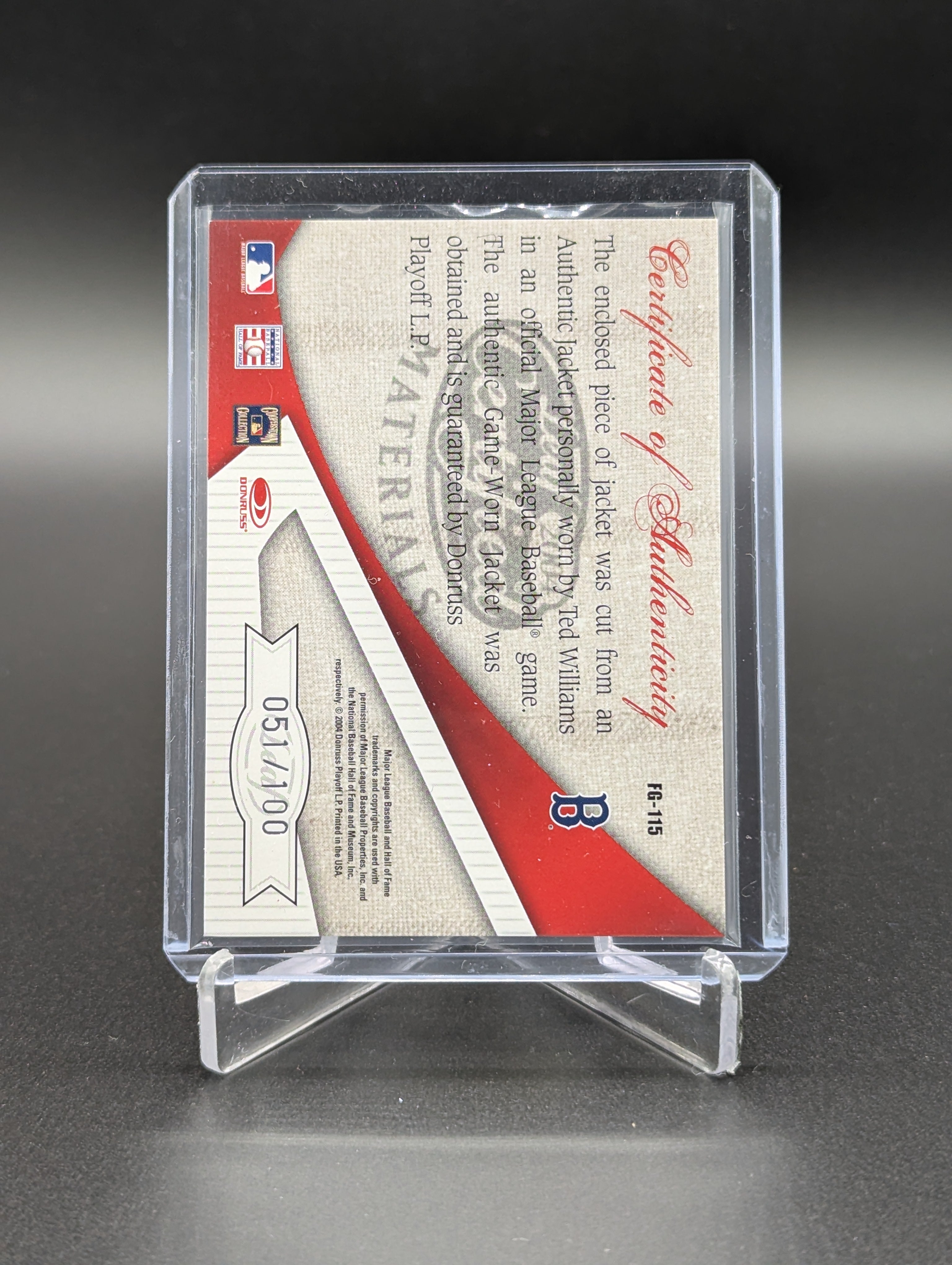 2004 Leaf Certified Fabric Of The Game /100 #FG-115 Ted Williams Red Sox