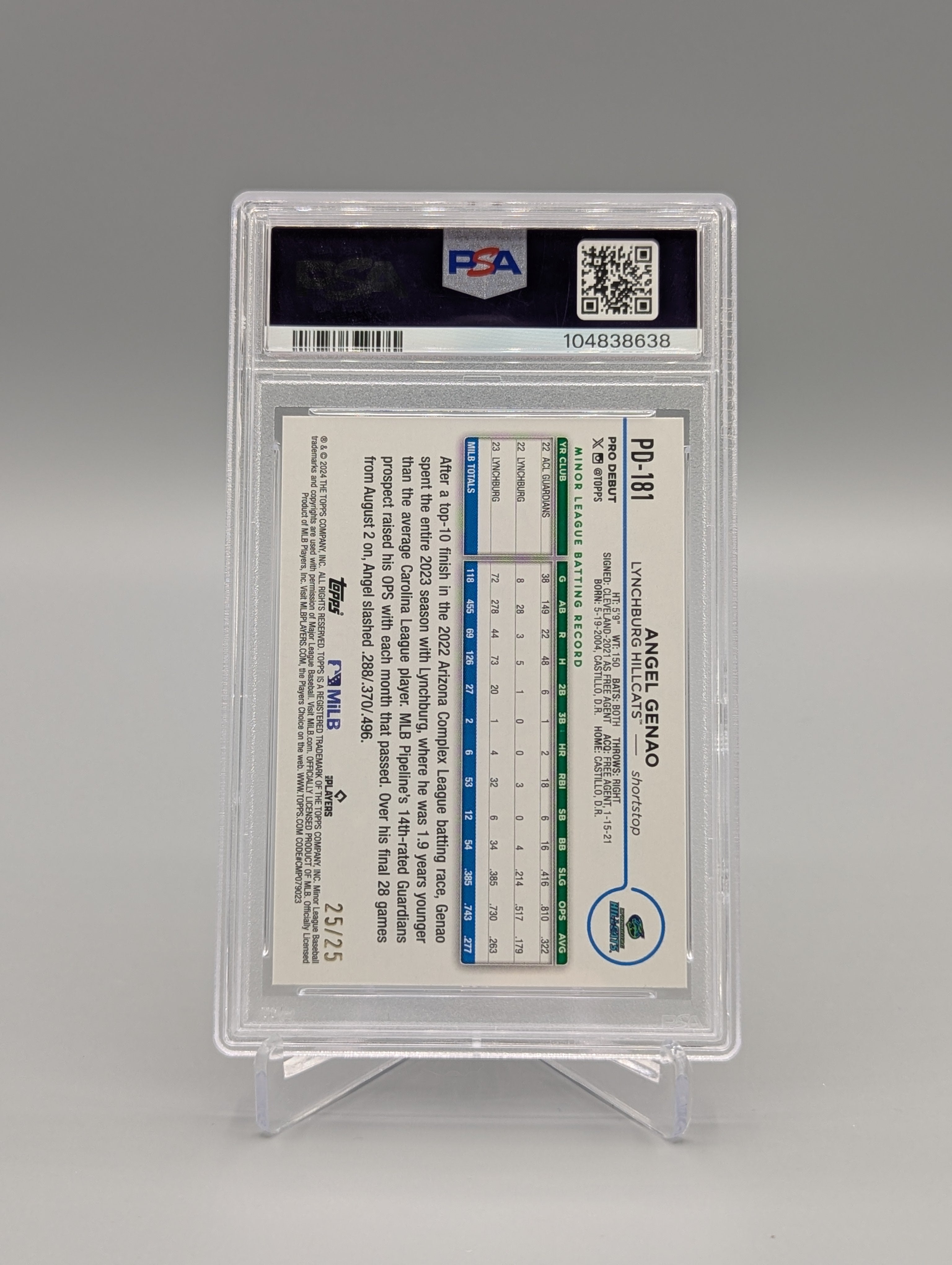 2024 Topps Pro Debut Orange #PD181 Angel Genao #/25 PSA 9 Hillcats