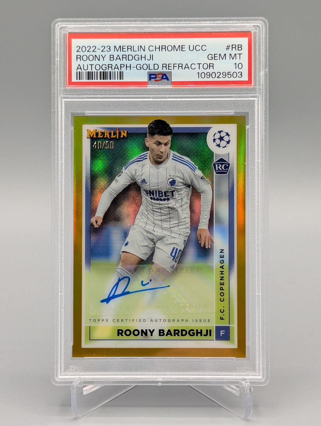 2022-23 Merlin Chrome Gold Refractor Auto #RB Roony Bardghji RC PSA 10