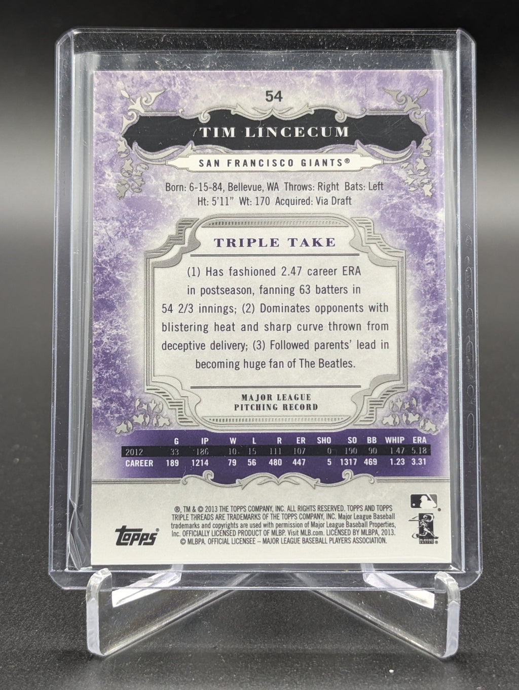 2013 Topps Triple Threads Amethyst #54 Tim Lincecum #/650 Giants