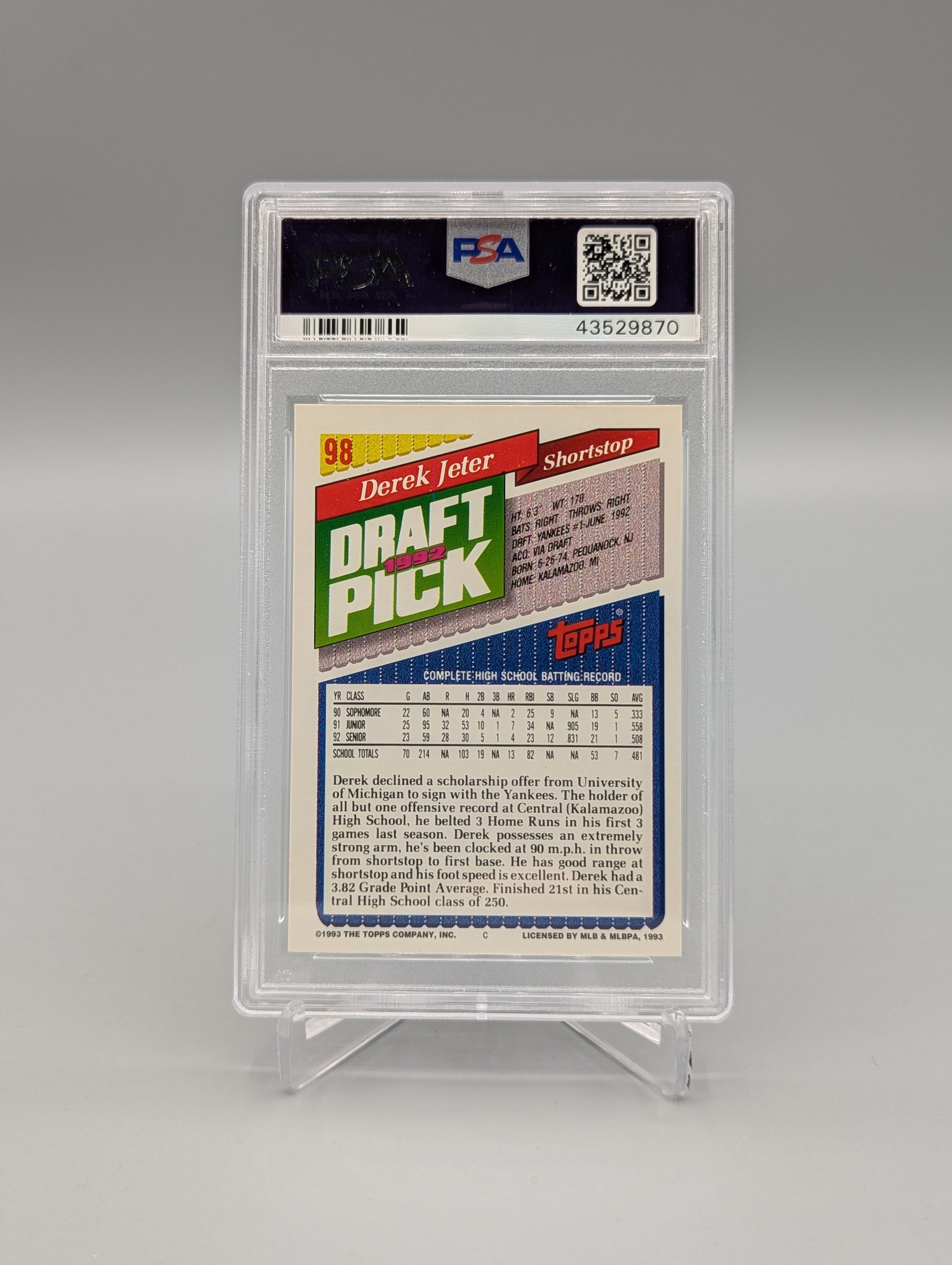 1993 Topps #98 Derek Jeter RC PSA 9 Yankees