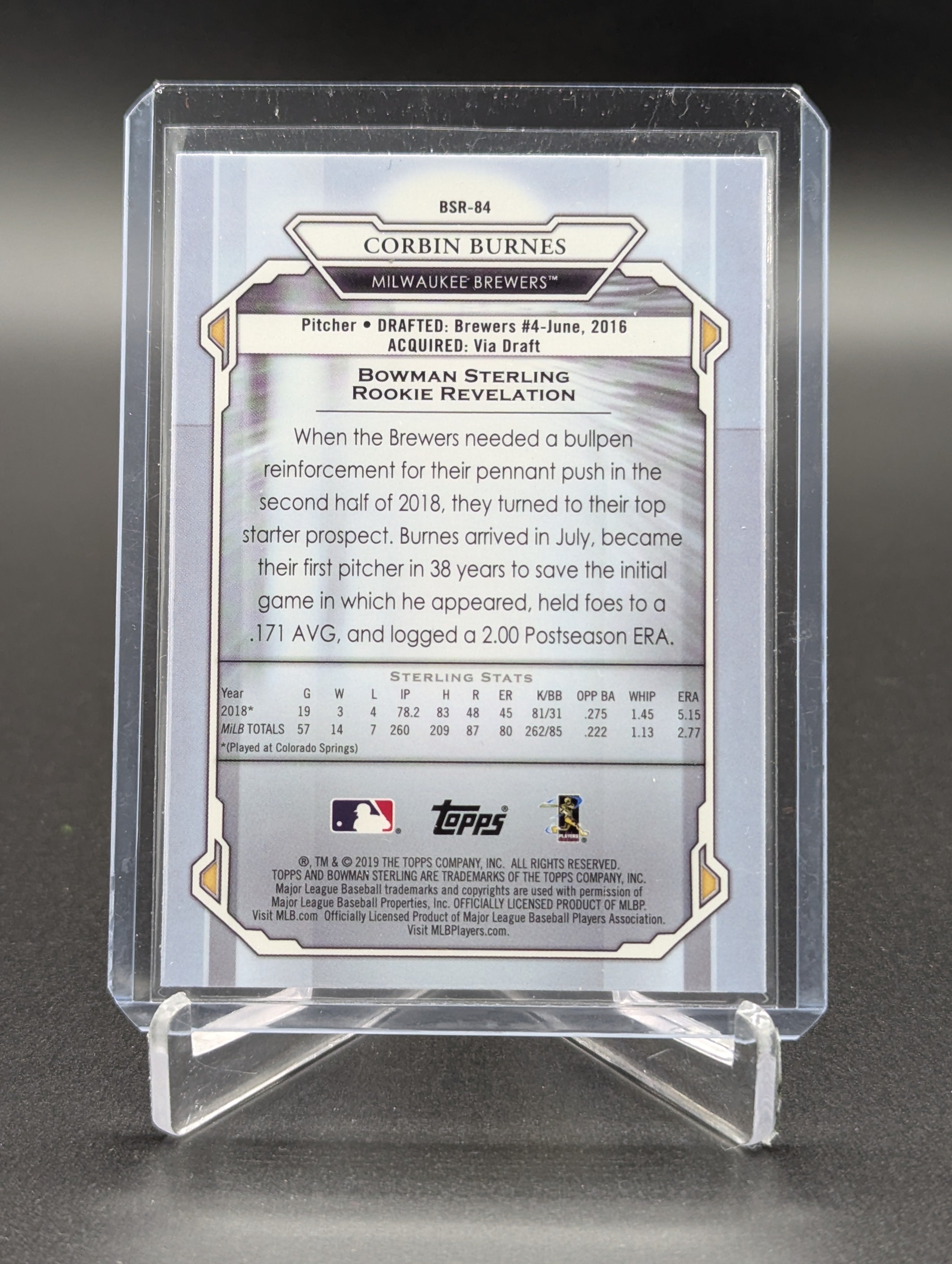 2019 Bowman Sterling RC #BSR-84 Corbin Burnes Brewers