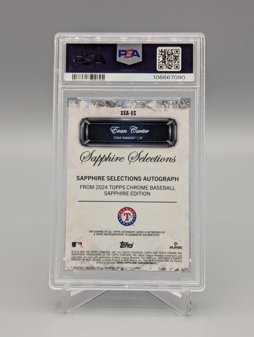 2024 Topps Sapphire Selections #SSAEC Evan Carter RC Auto PSA 10 Rangers