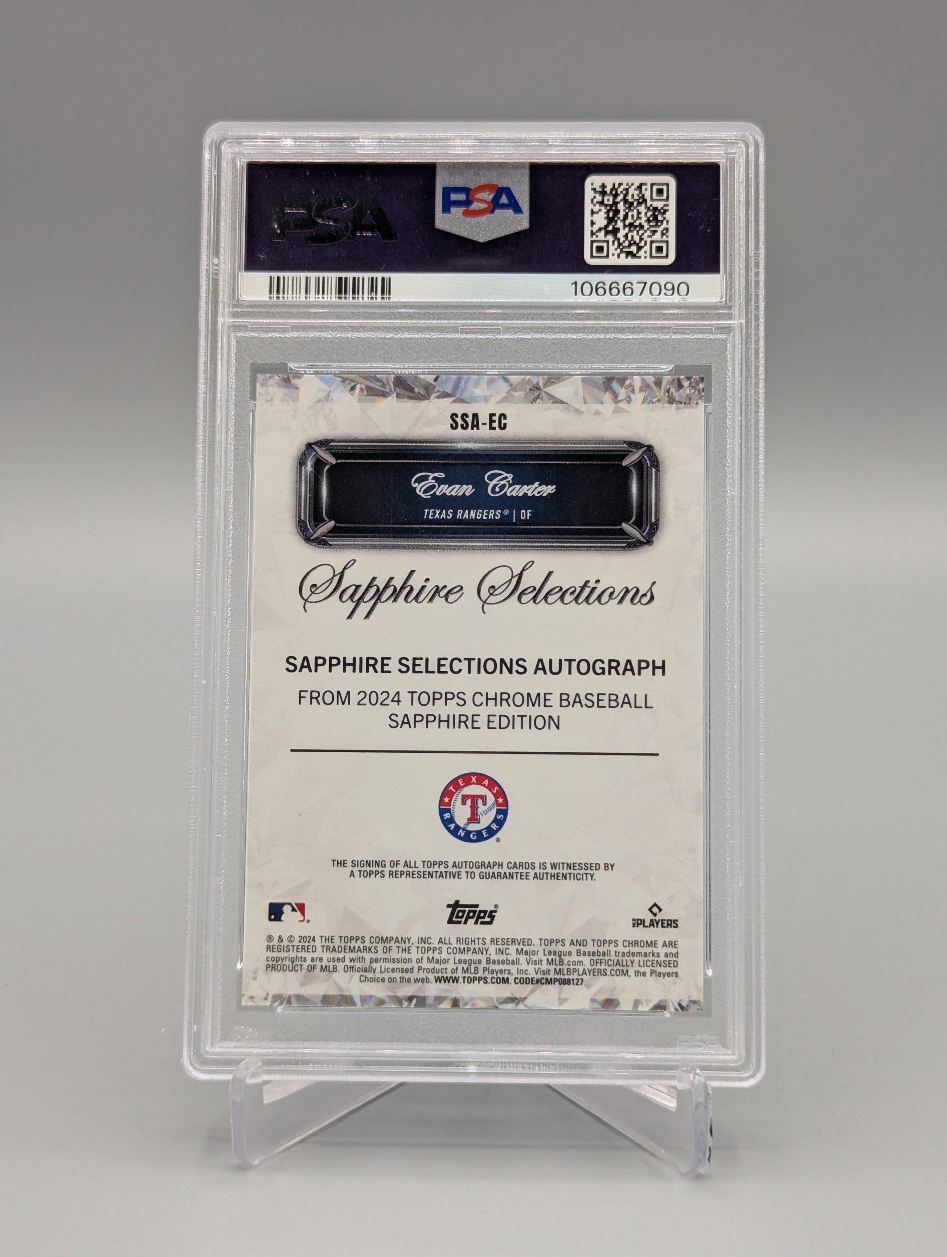 2024 Topps Sapphire Selections #SSAEC Evan Carter RC Auto PSA 10 Rangers