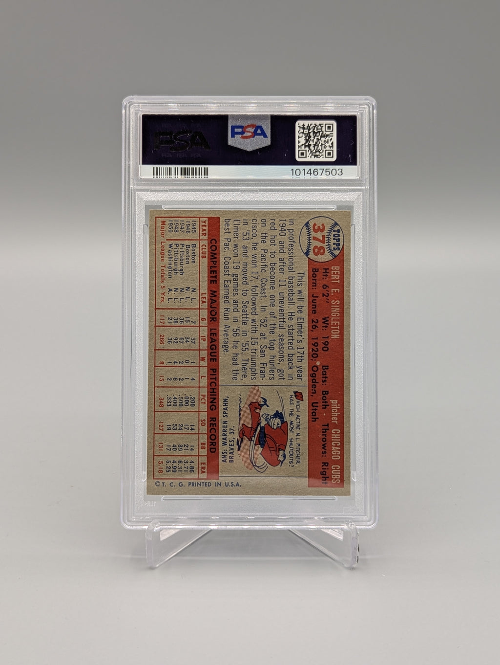 1957 Topps #378 Elmer Singleton PSA 8 Cubs