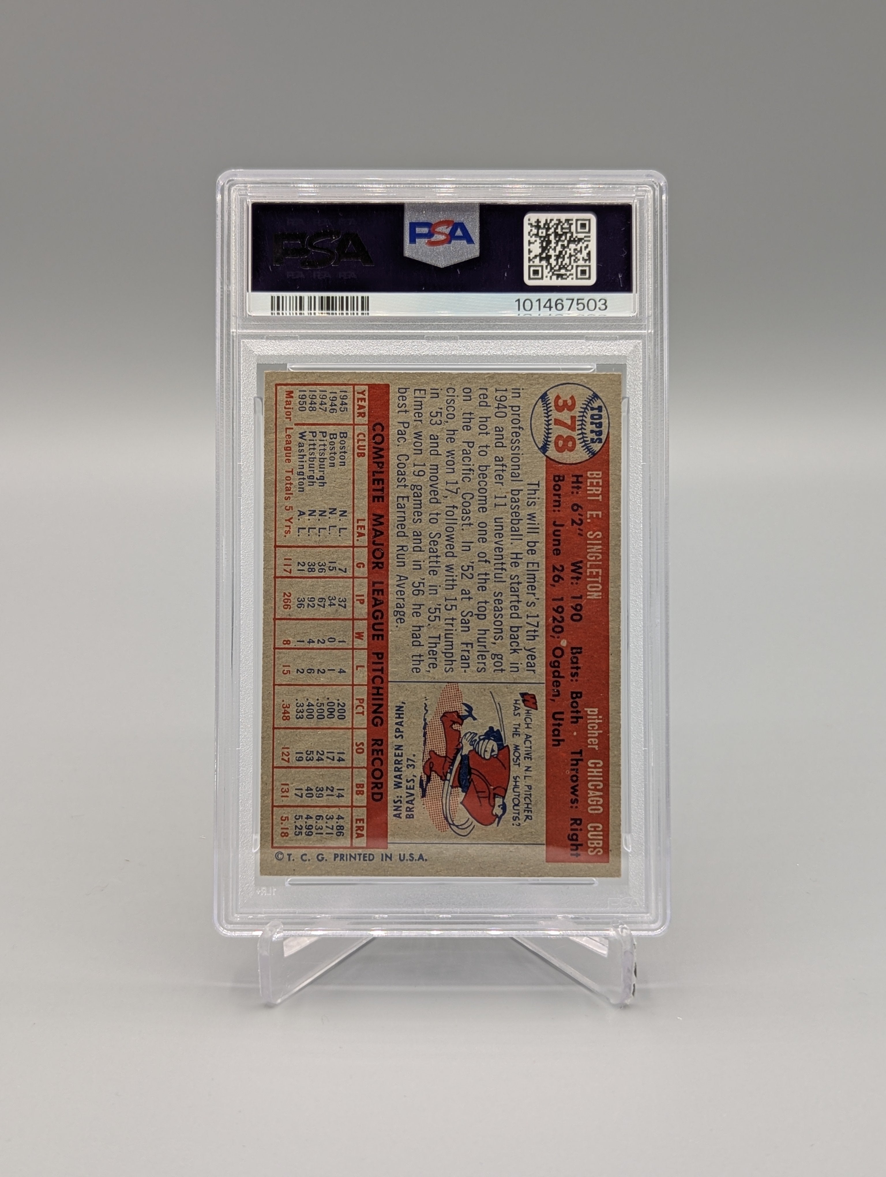 1957 Topps #378 Elmer Singleton PSA 8 Cubs