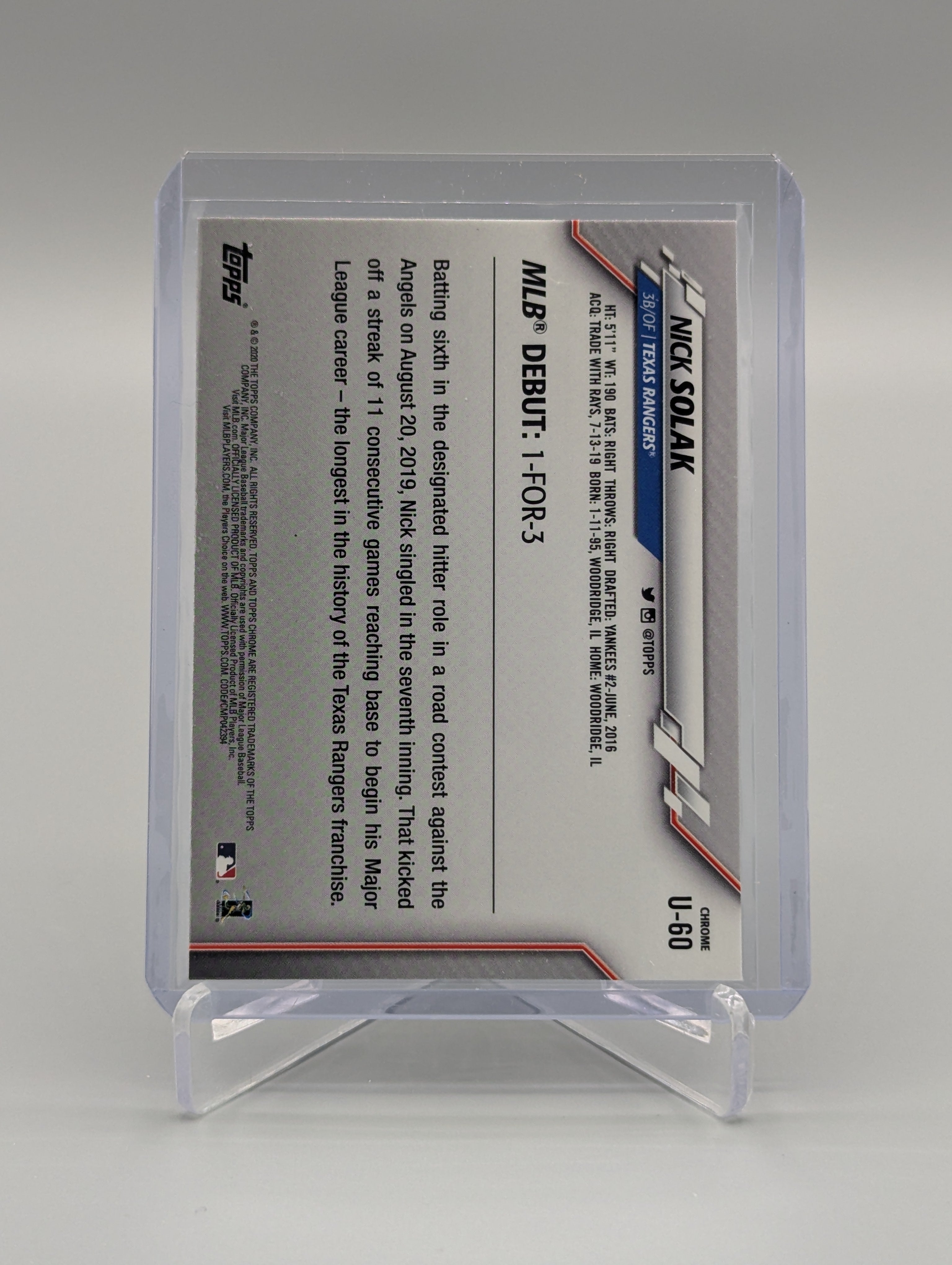 2020 Topps Chrome Update Pink Refractor #U-60 Nick Solak RC Rangers