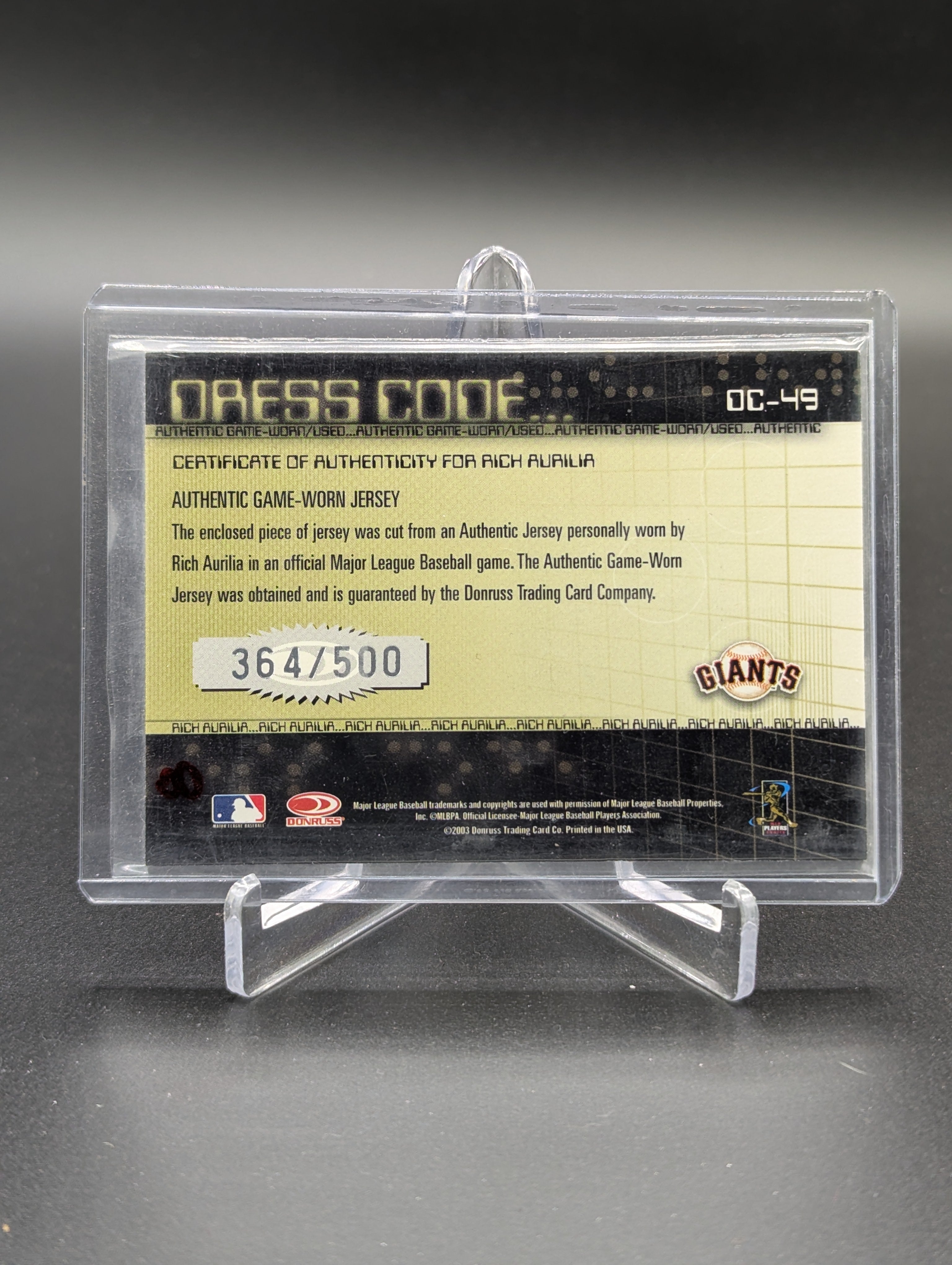 2003 Donruss Classics Dress Code #DC-49 Rich Aurilia /500 Giants