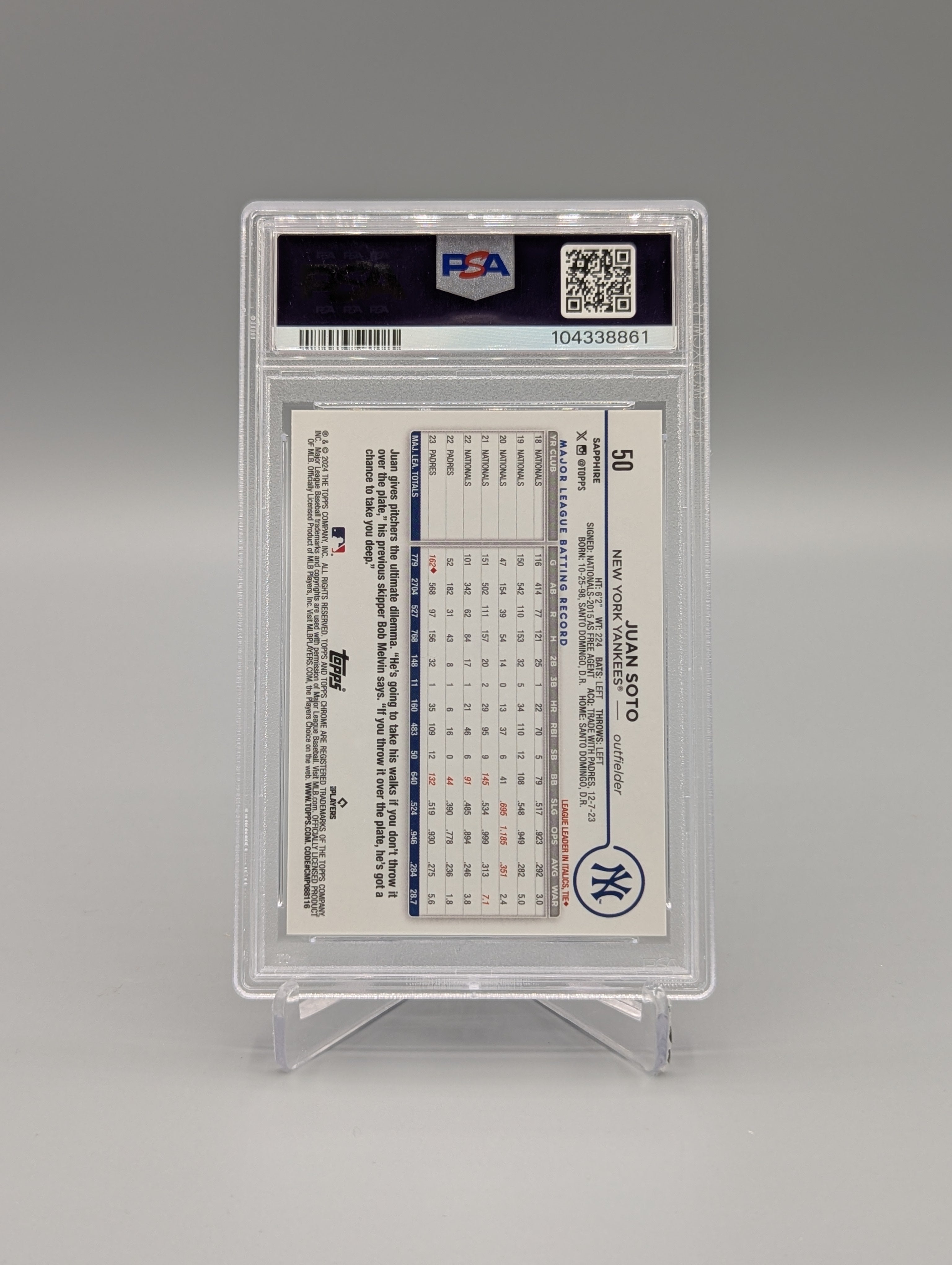 2024 Topps Chrome Sapphire SP #50 Juan Soto PSA 9 Yankees