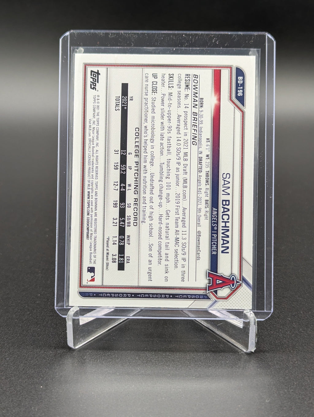 2021 Bowman Draft 1st Edition Blue Foil /150 #BD-196 Sam Bachman