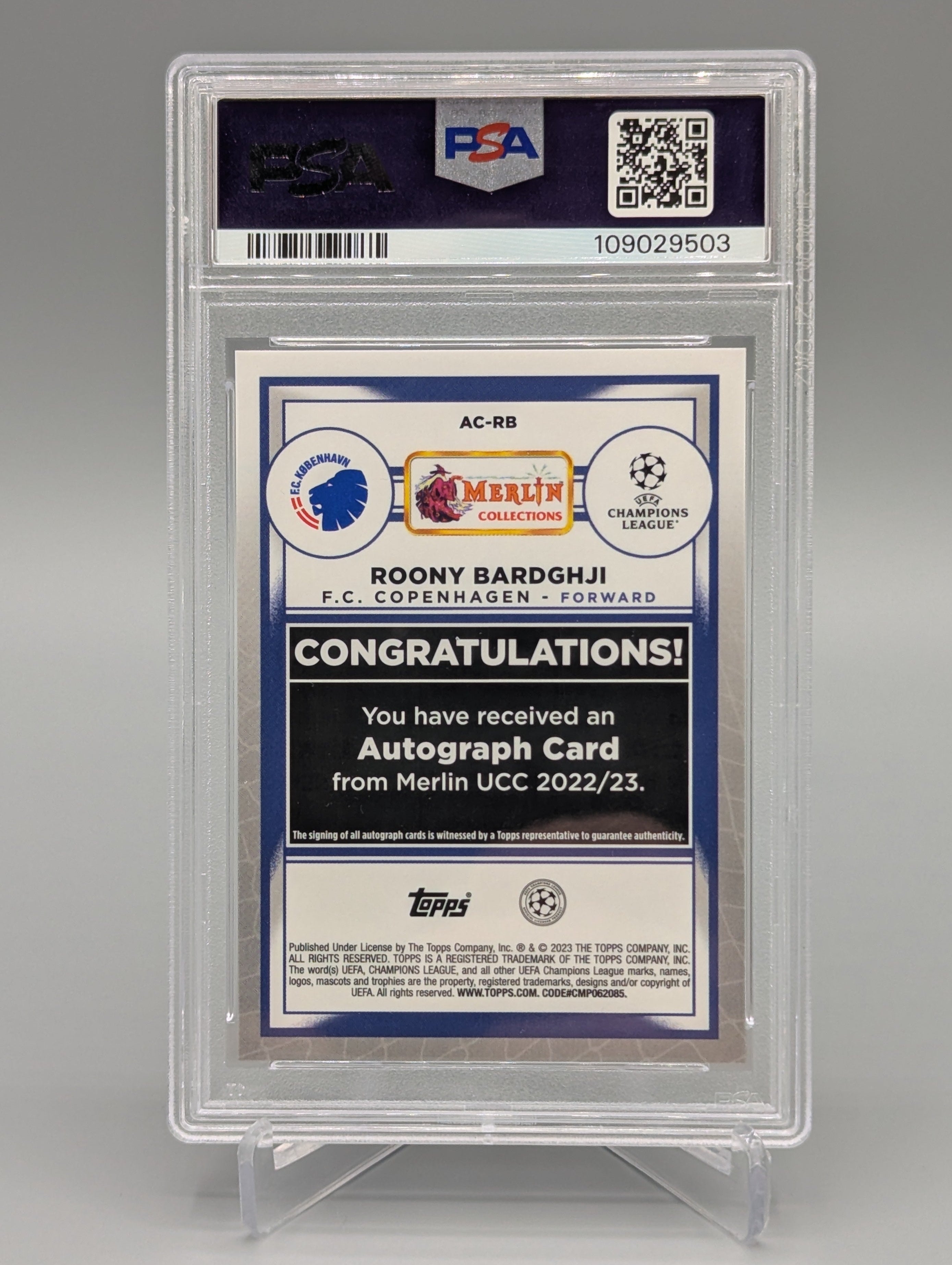 2022-23 Merlin Chrome Gold Refractor Auto #RB Roony Bardghji RC PSA 10