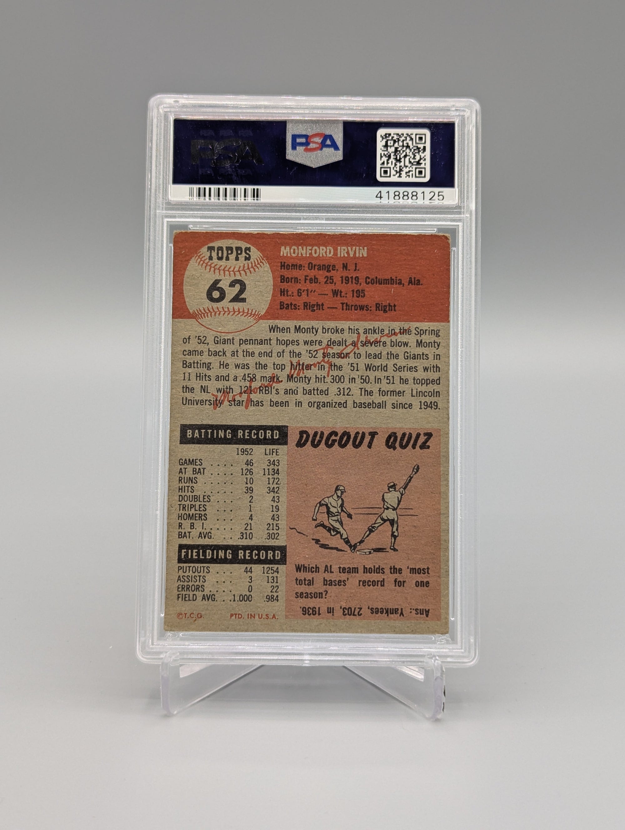 1953 Topps #62 Monte Irvin PSA 4 Giants