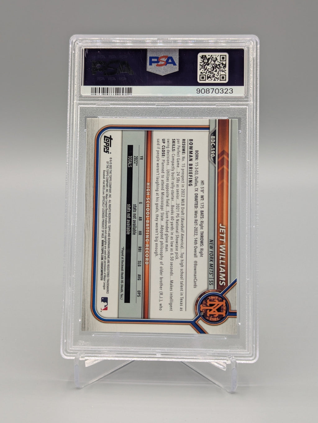 2022 Bowman Chrome Raywave #BDC190 Jett Williams PSA 10 Mets