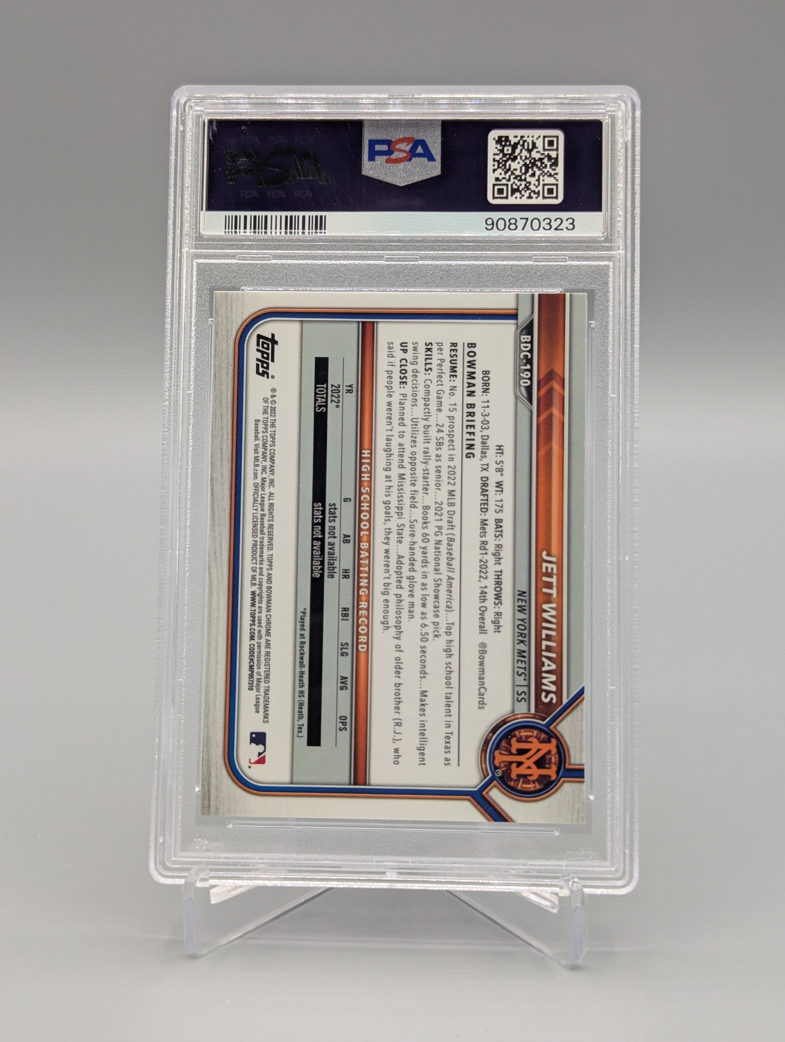 2022 Bowman Chrome Raywave #BDC190 Jett Williams PSA 10 Mets