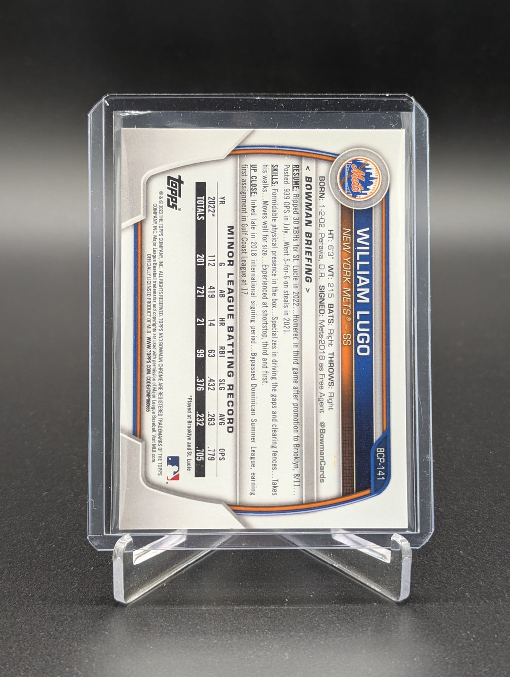 2023 Bowman Chrome Fuchsia Refractor #BCP-141 William Lugo #/199 Mets **