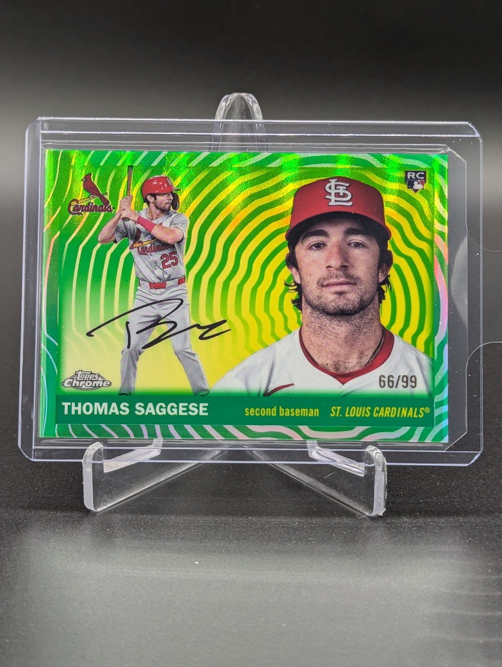 2025 Topps Chrome Platinum Green Vibration /99 #217 Thomas Saggese RC