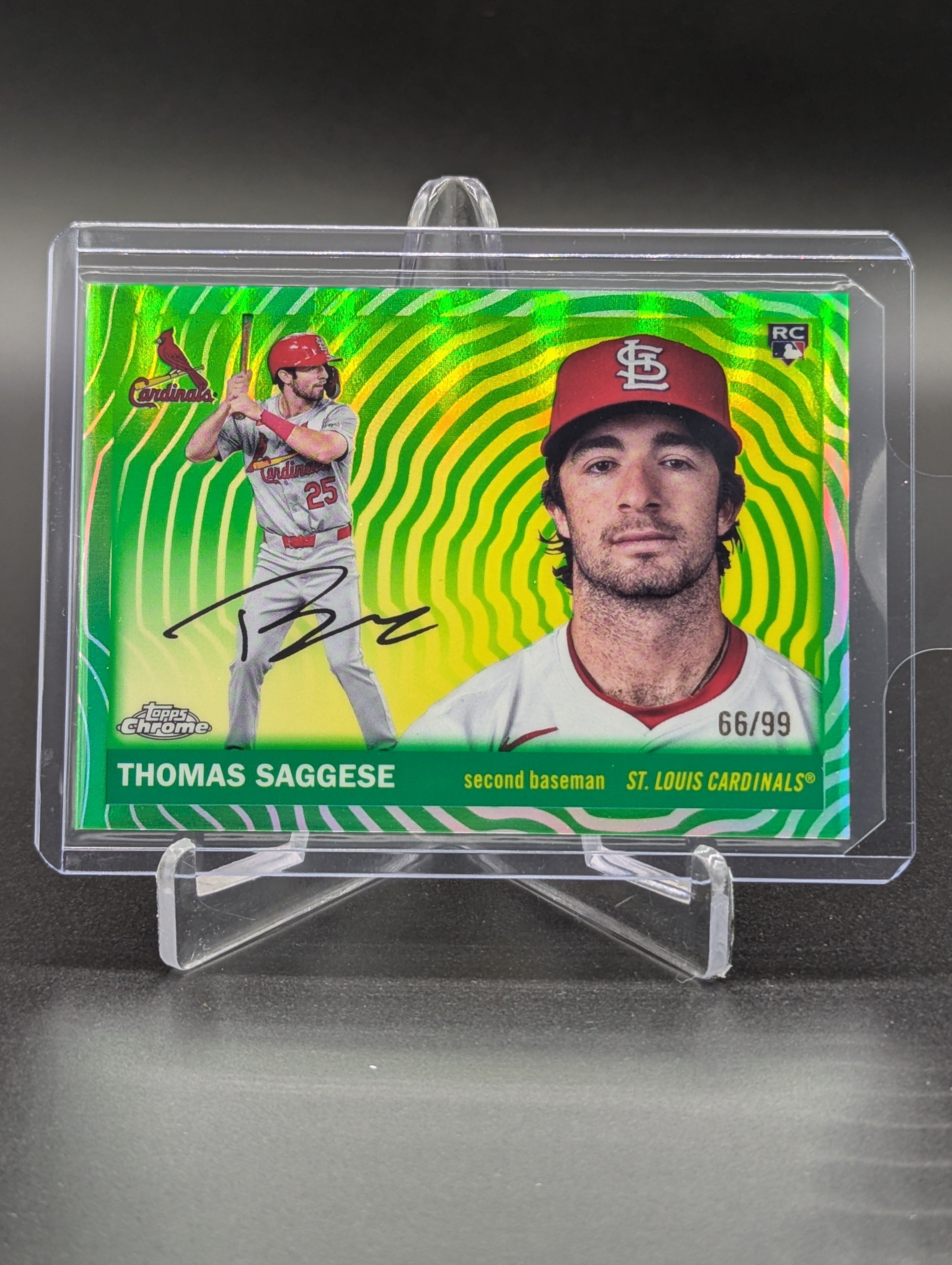 2025 Topps Chrome Platinum Green Vibration /99 #217 Thomas Saggese RC