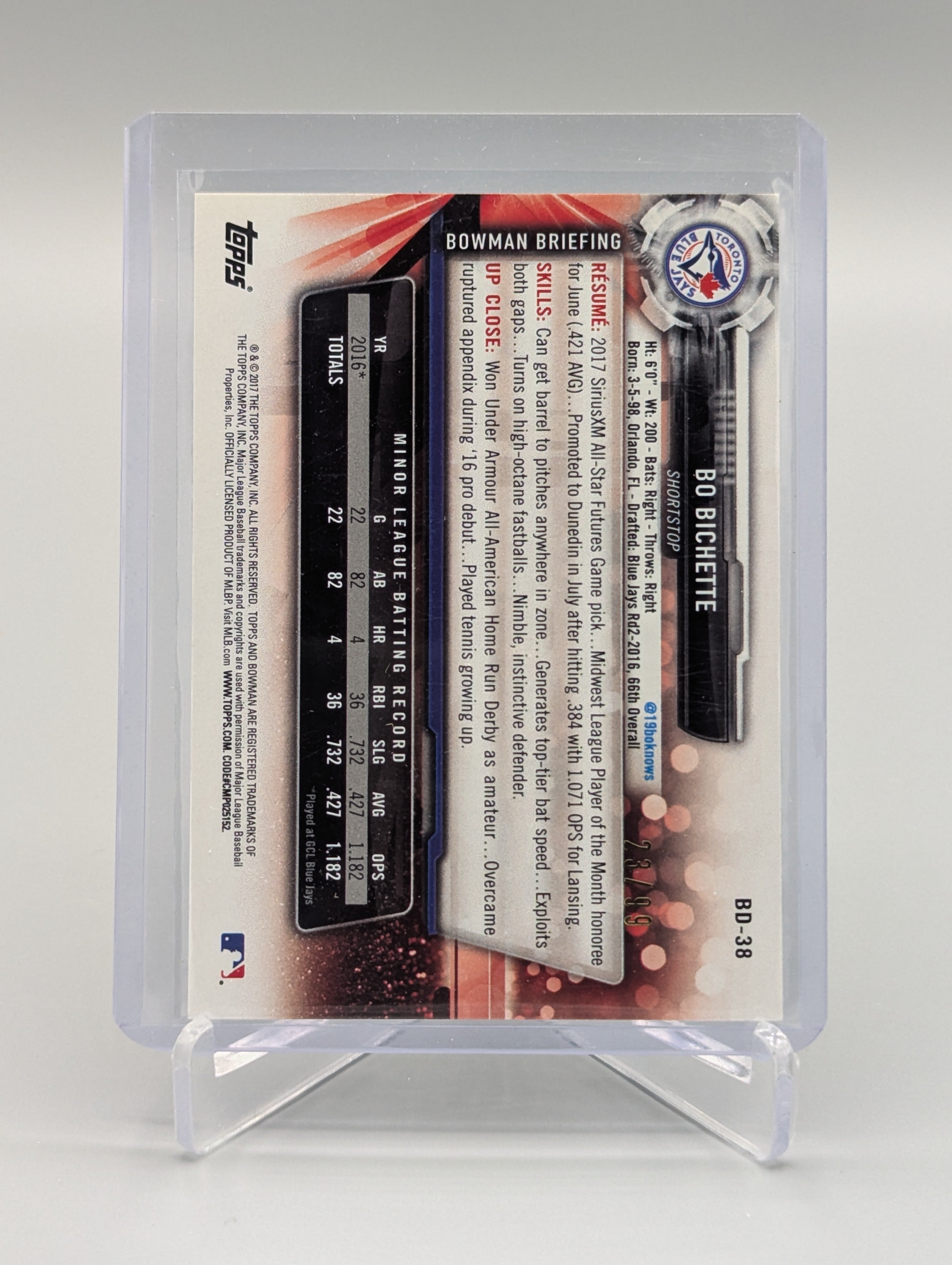 2017 Bowman Draft Green #BD-38 Bo Bichette #/99 Blue Jays