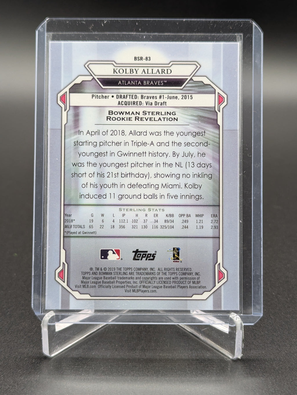 2019 Bowman Sterling RC #BSR-83 Kolby Allard Braves
