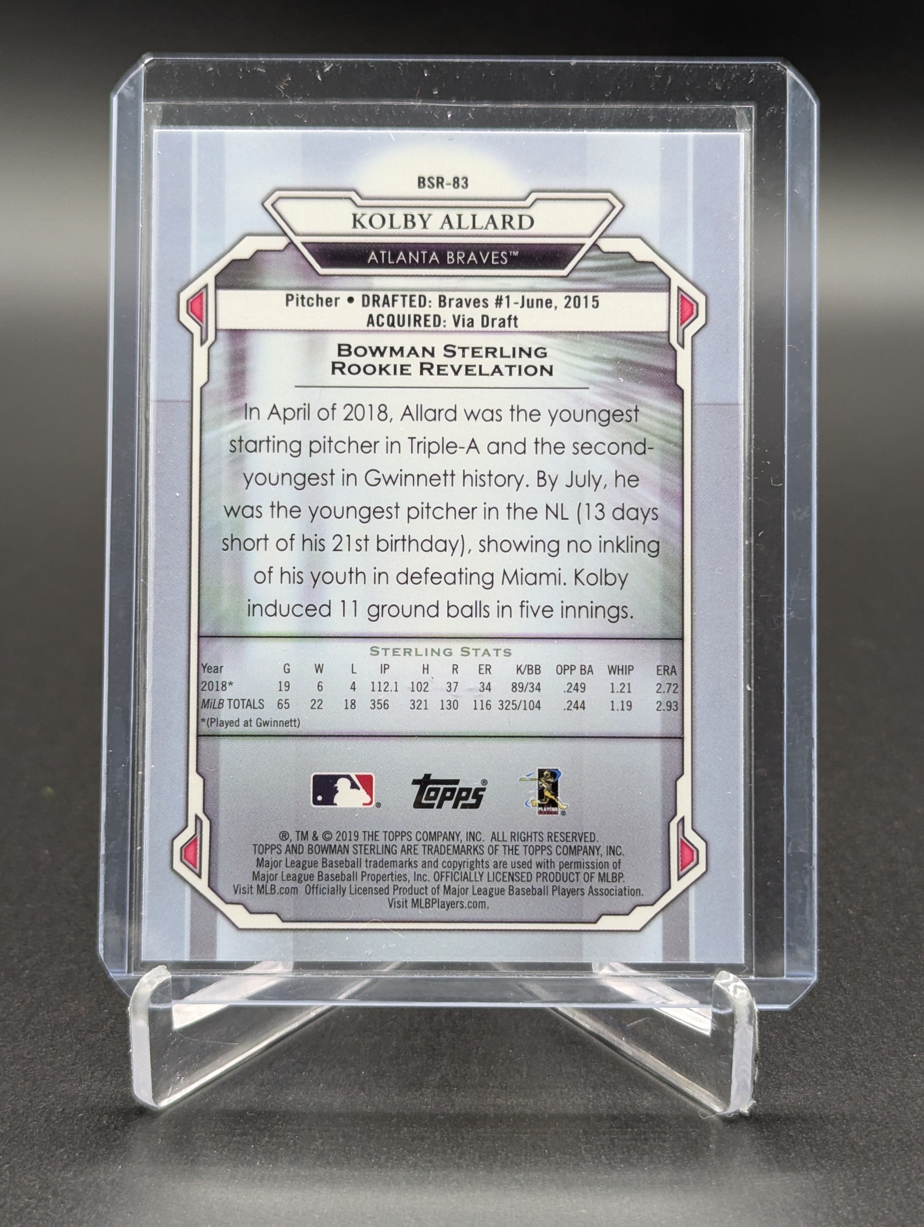 2019 Bowman Sterling RC #BSR-83 Kolby Allard Braves