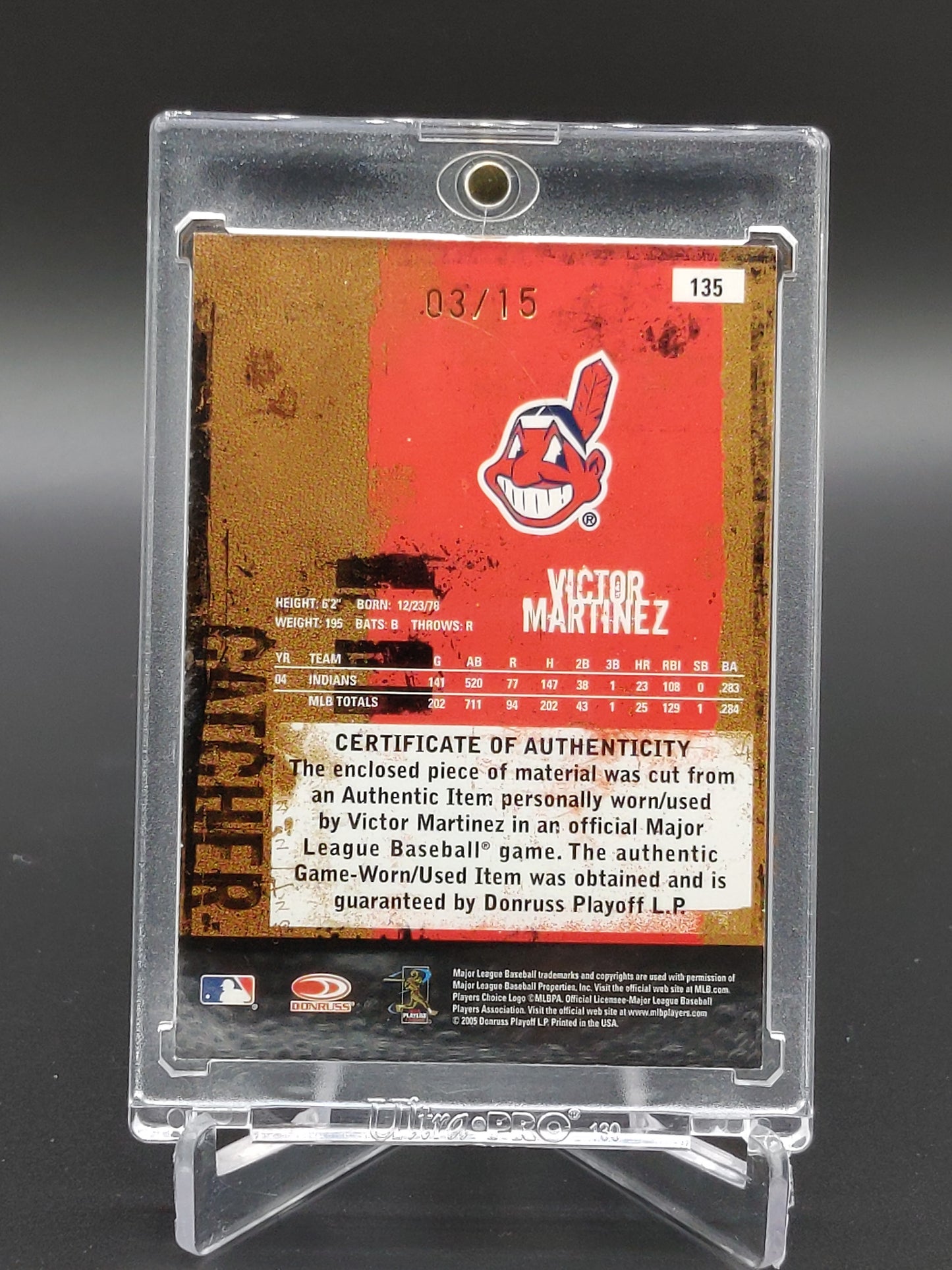 2005 Donruss Leather & Lumber Game Used Victor Martinez #/15 Chief Wahoo Patch Indians