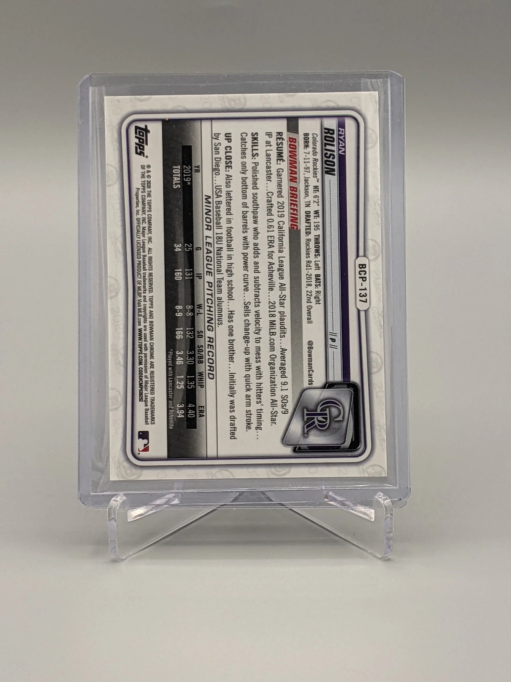 2020 Bowman Chrome Speckle #BCP-137 Ryan Rolison RC #/299 Rockies