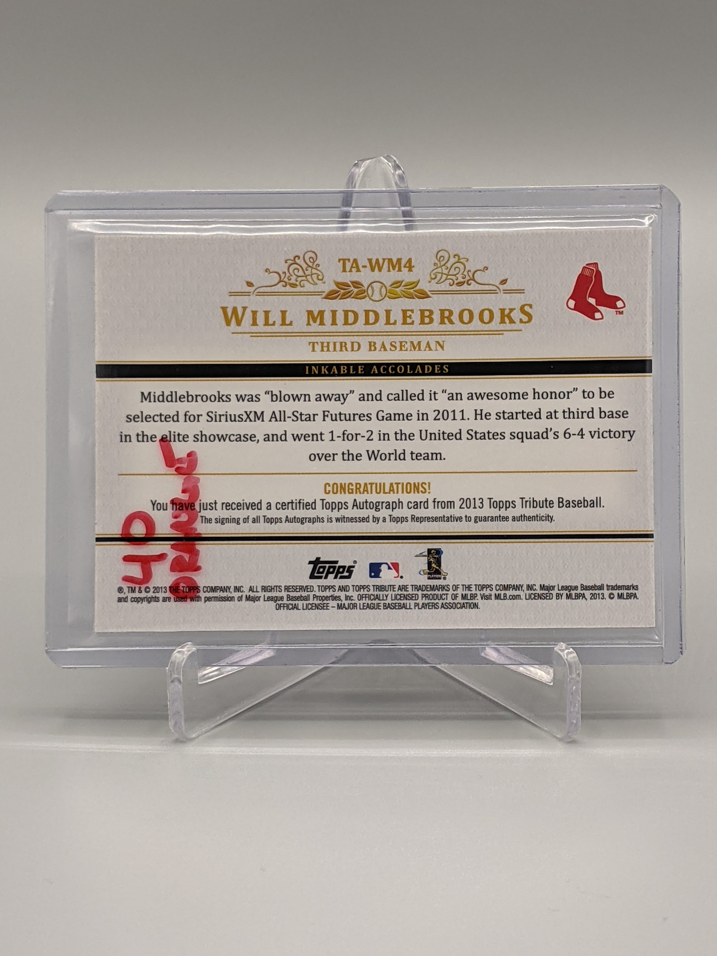 2013 Topps Tribute Orange Auto Will Middlebrooks Red Sox
