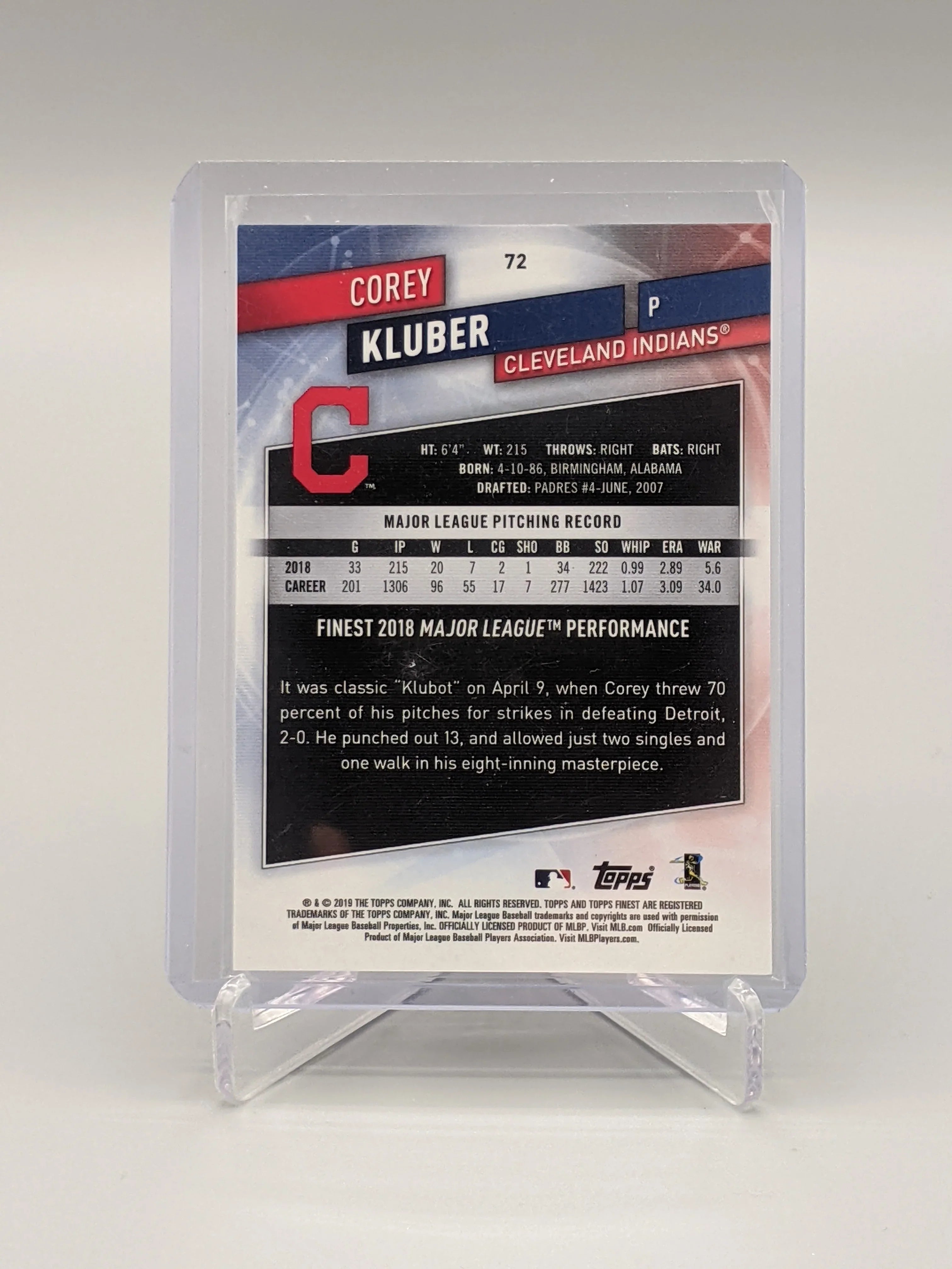 2019 Finest Purple #72 Corey Kluber #/250 Indians