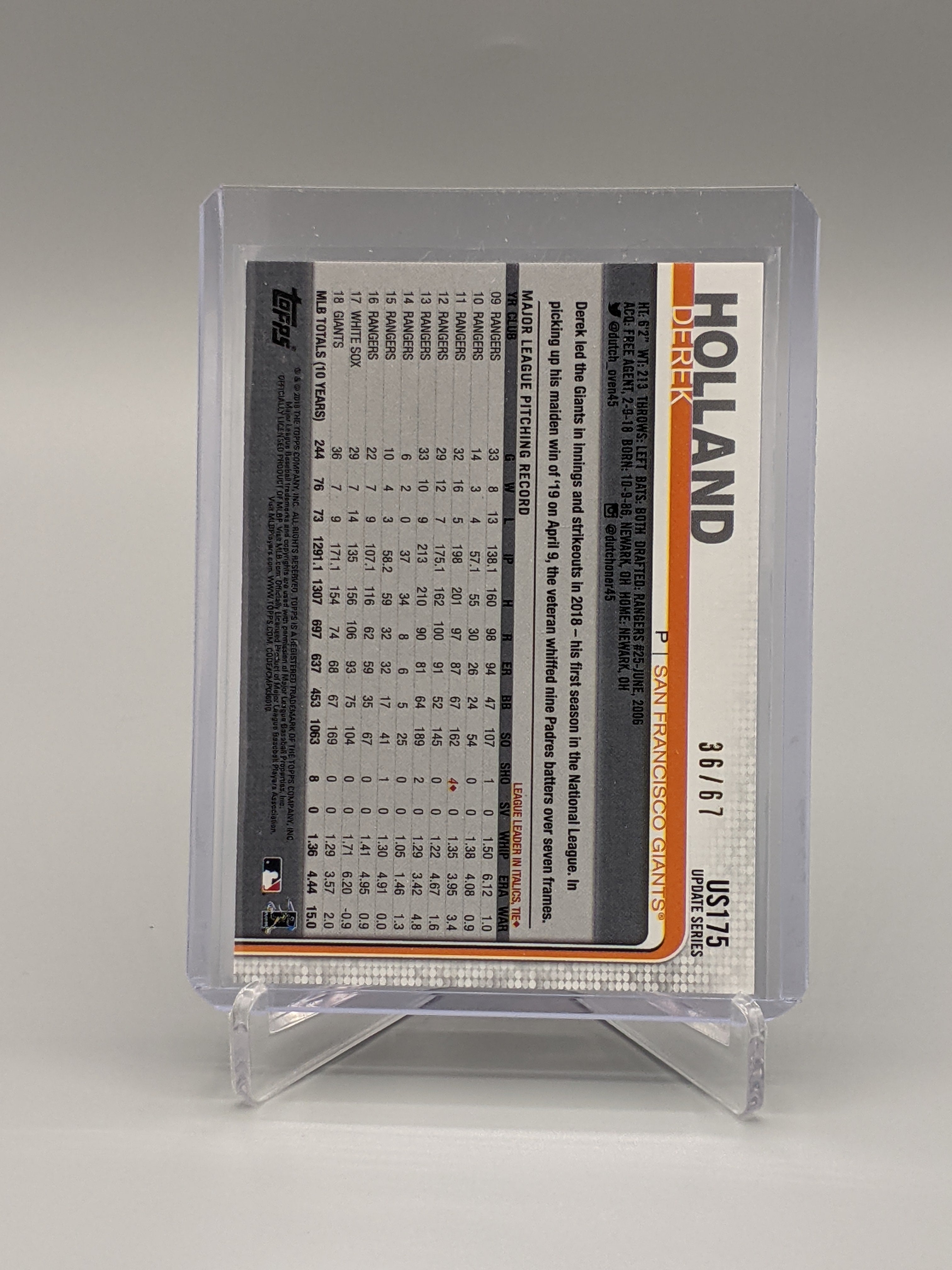 2019 Topps Update Black #US175 Derek Holland #/67 Giants