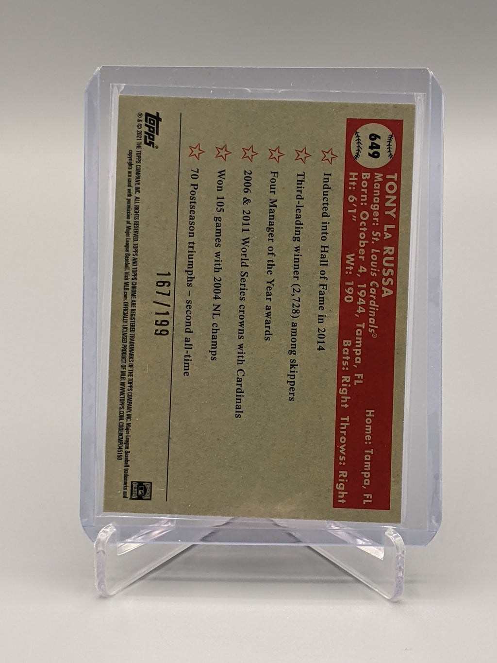 2021 Topps Chrome Platinum Anniversary #649 Tony La Russa #/199 Cardinals