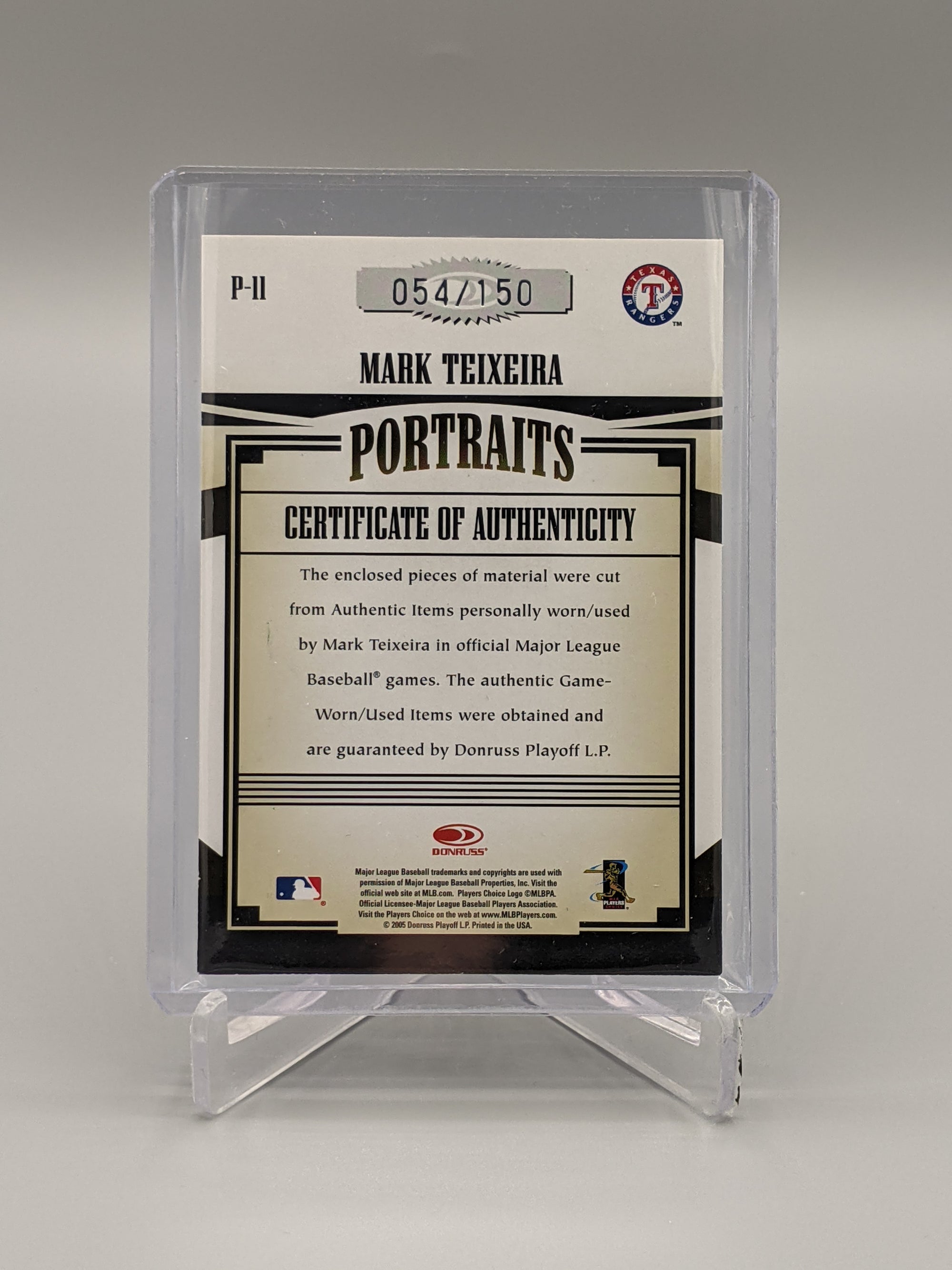 2005 Donruss Prime Patches #P-11 Mark Teixeira Bat/Glove/Shoe Relics #/150 Rangers