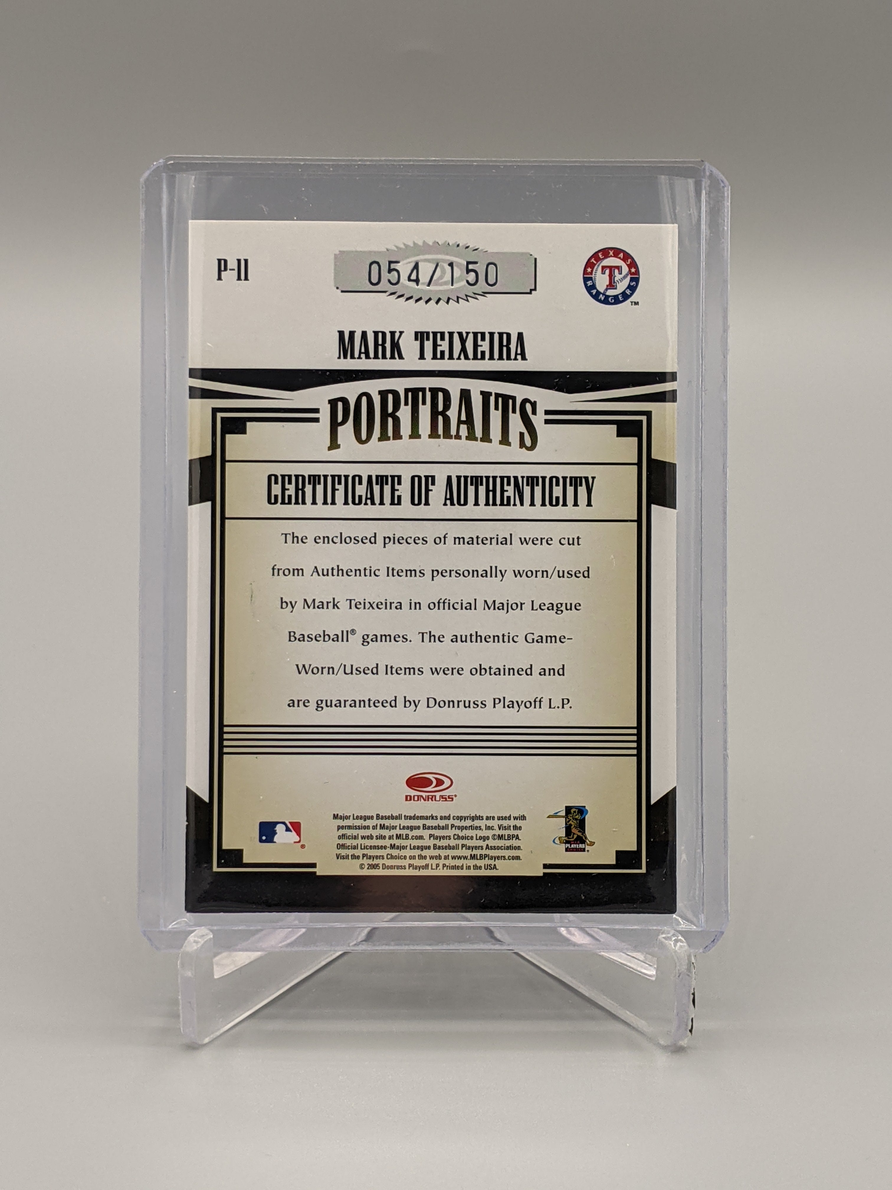 2005 Donruss Prime Patches #P-11 Mark Teixeira Bat/Glove/Shoe Relics #/150 Rangers
